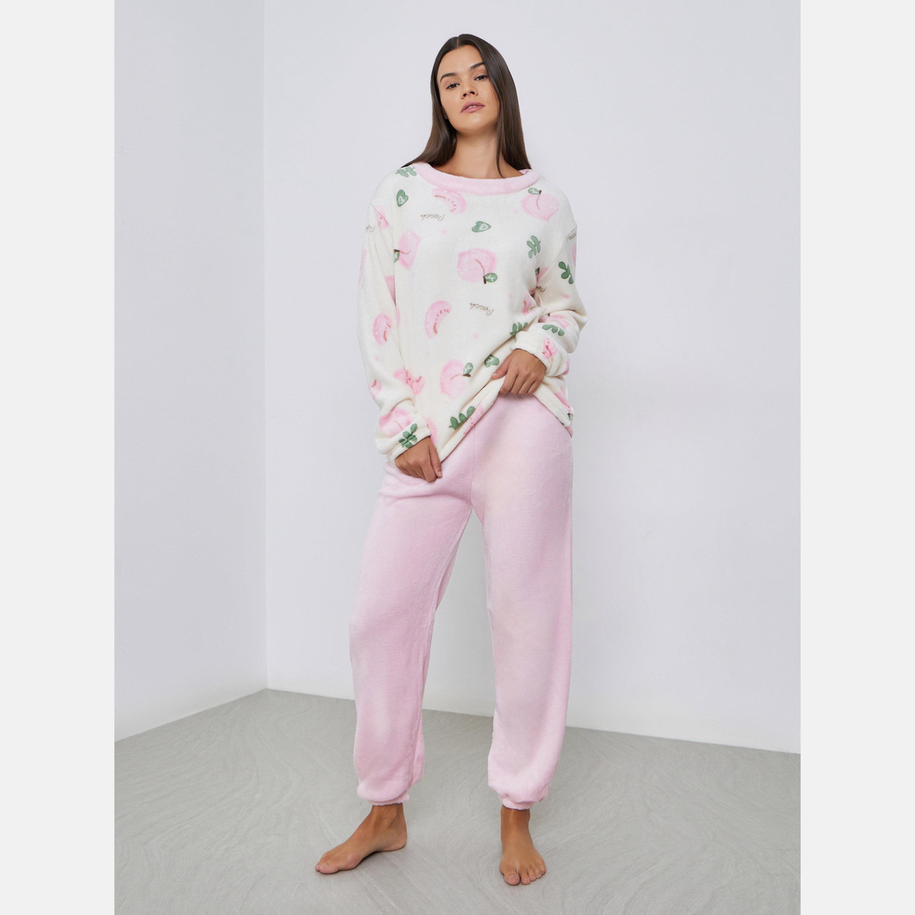 Styli Peach Print Fleece Top and Cuffed Pyjama Set-women-clothing-nightwear-pyjamas-longsets-image-1