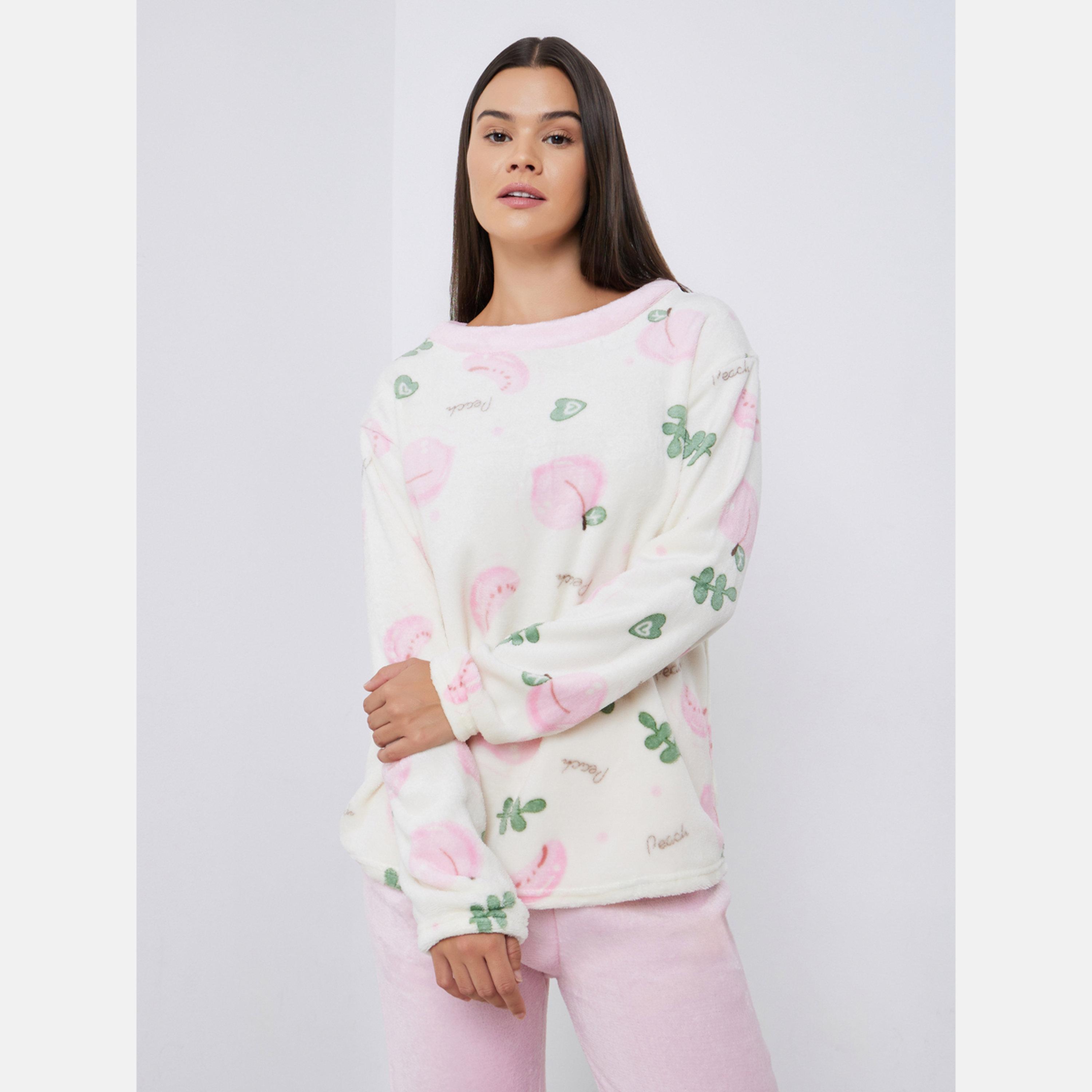 Styli Peach Print Fleece Top and Cuffed Pyjama Set-women-clothing-nightwear-pyjamas-longsets-image-2