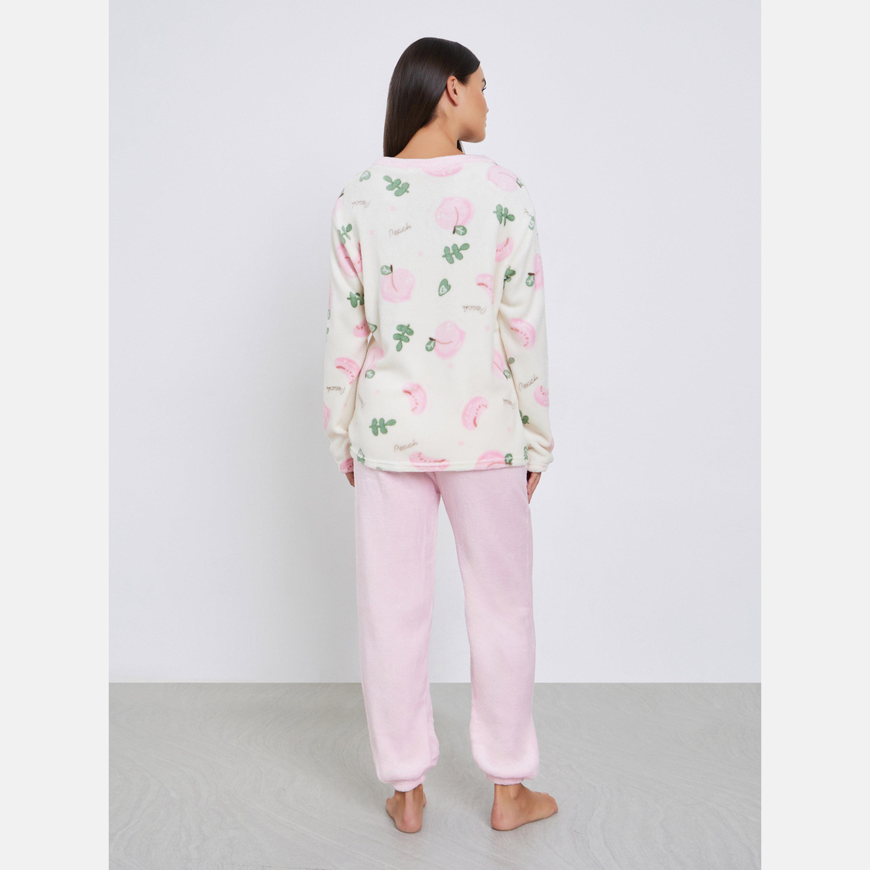 ستايلي - بيجاما بلوزة صوفية بطبعة خوخية-women-clothing-nightwear-pyjamas-longsets-image-5