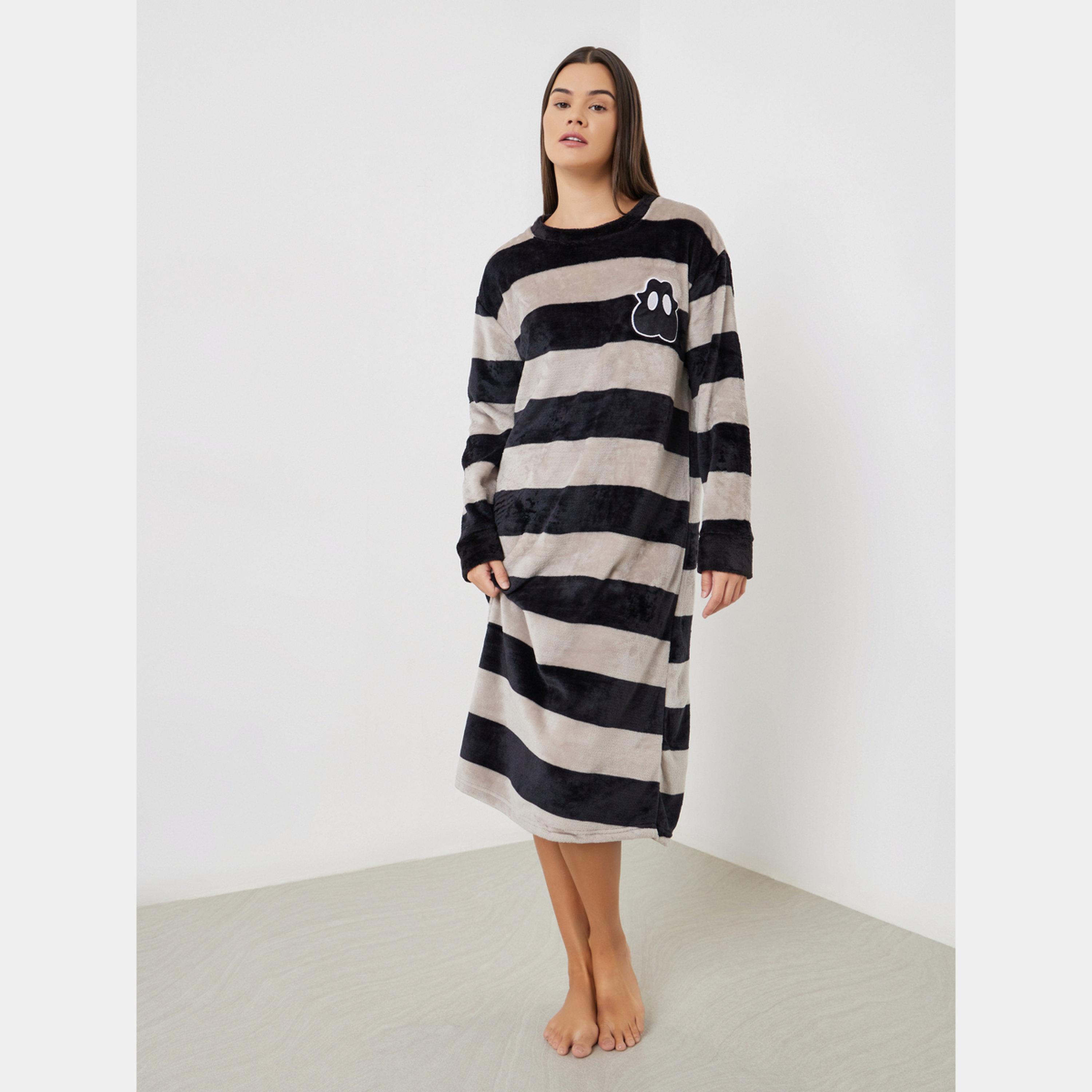 Styli Striped Fleece Long Sleeve Nightdress-women-clothing-nightwear-nighties-image-1