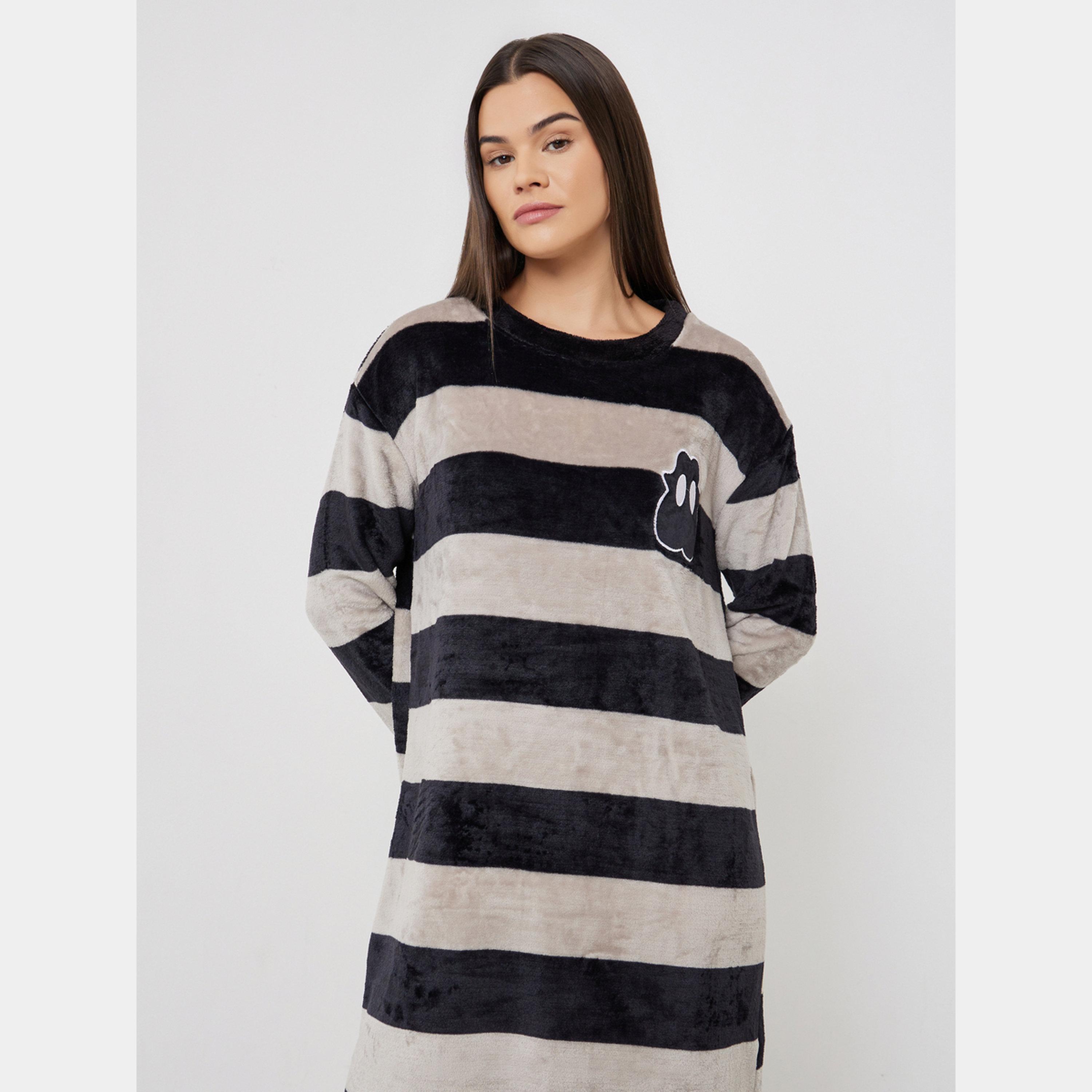 Styli Striped Fleece Long Sleeve Nightdress-women-clothing-nightwear-nighties-image-2
