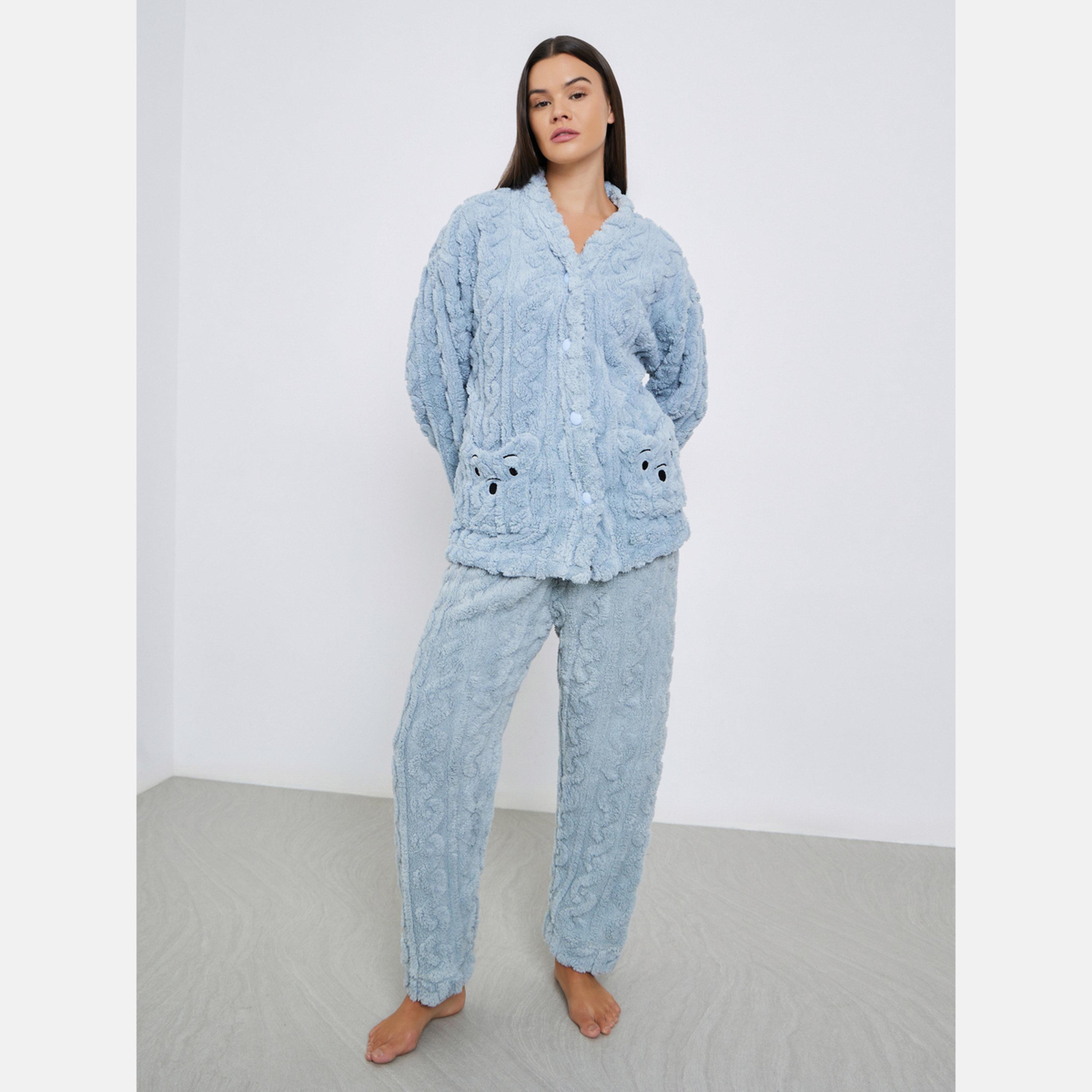 ستايلي - طقم قميص وبنطال من الصوف بجيوب دب مطرزة-women-clothing-nightwear-pyjamas-longsets-image-1