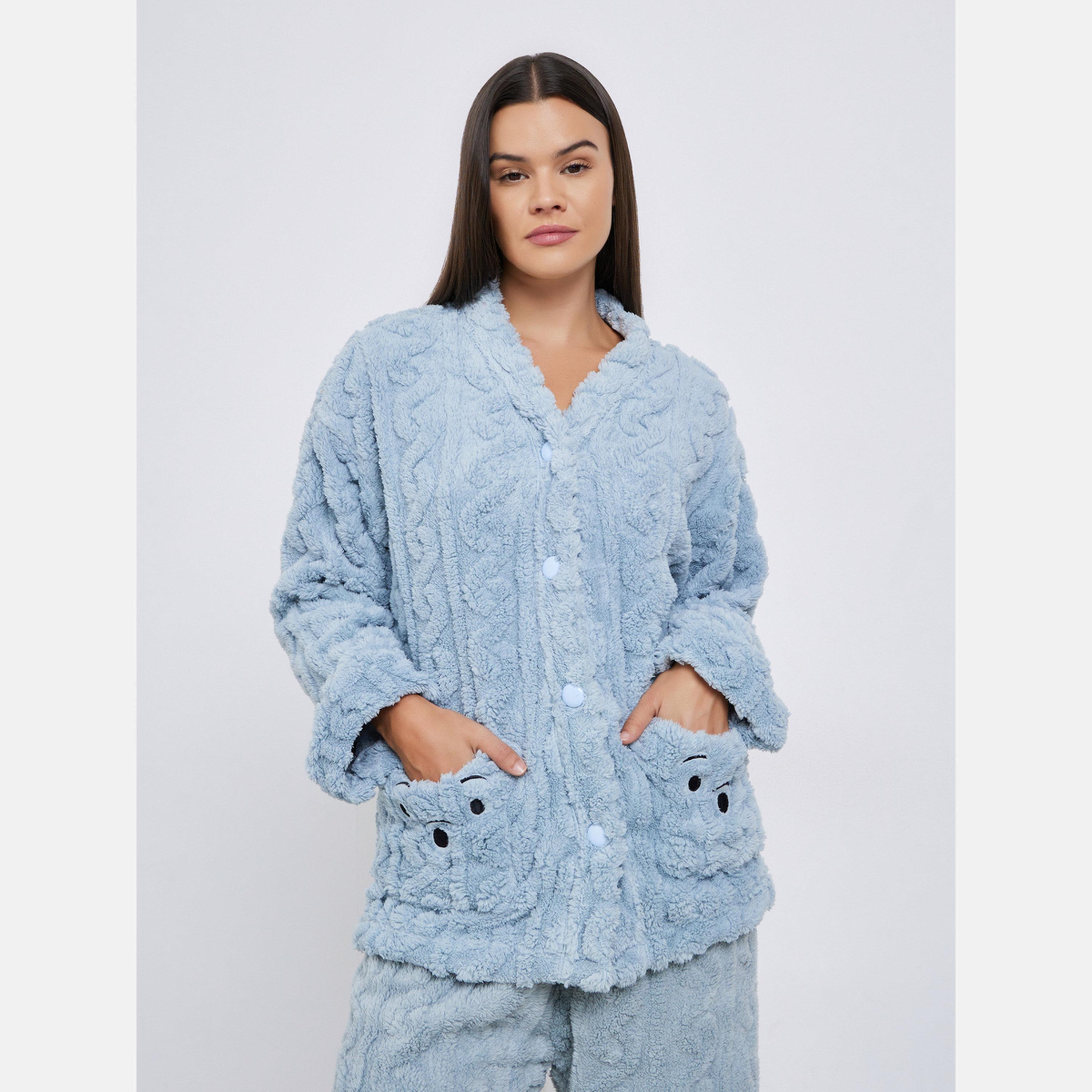 Styli Embroidered Bear Pocket Fleece Shirt and Pants Set-women-clothing-nightwear-pyjamas-longsets-image-2