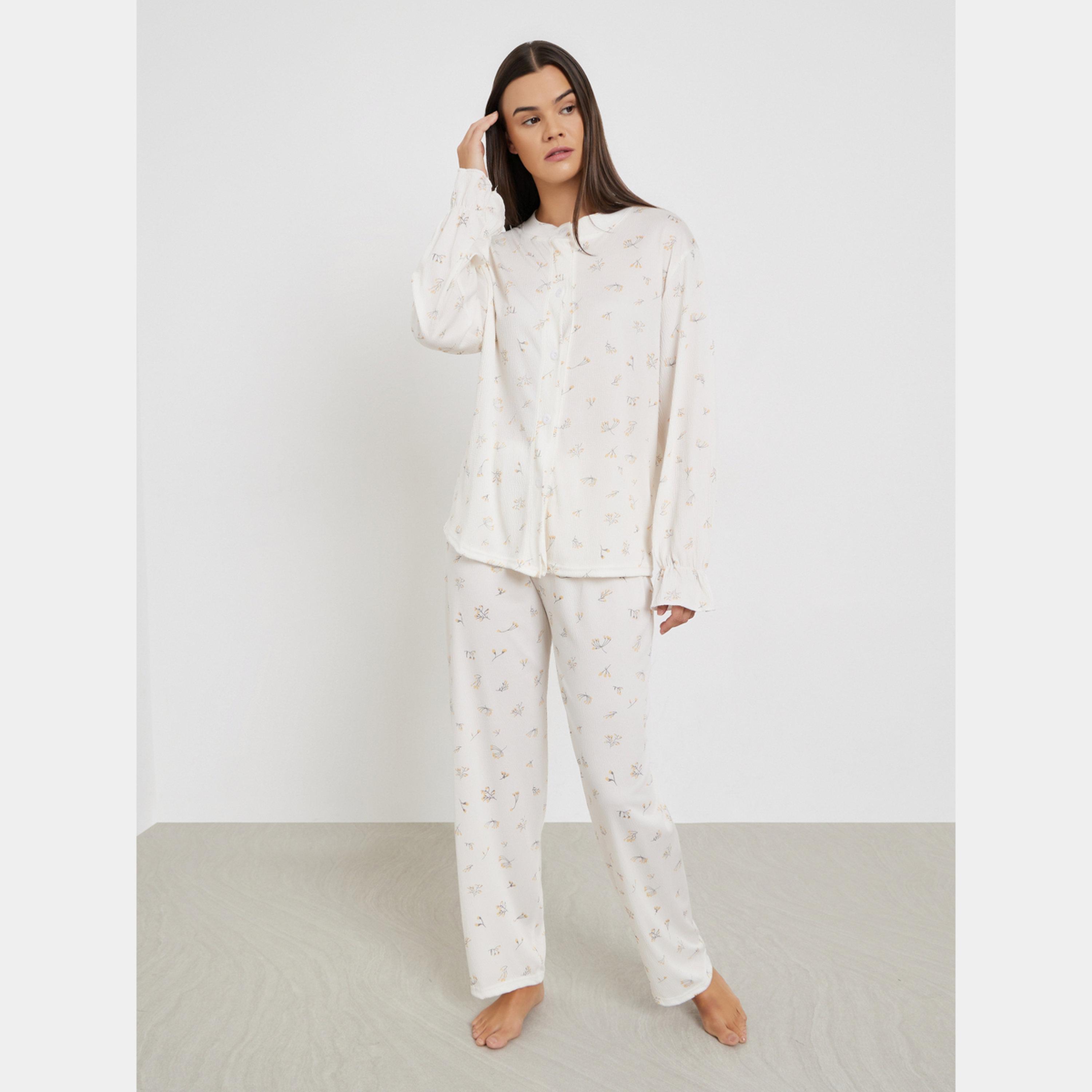 ستايلي - بيجاما قميص بطبعة زهور برقبة دائرية-women-clothing-nightwear-pyjamas-longsets-image-1