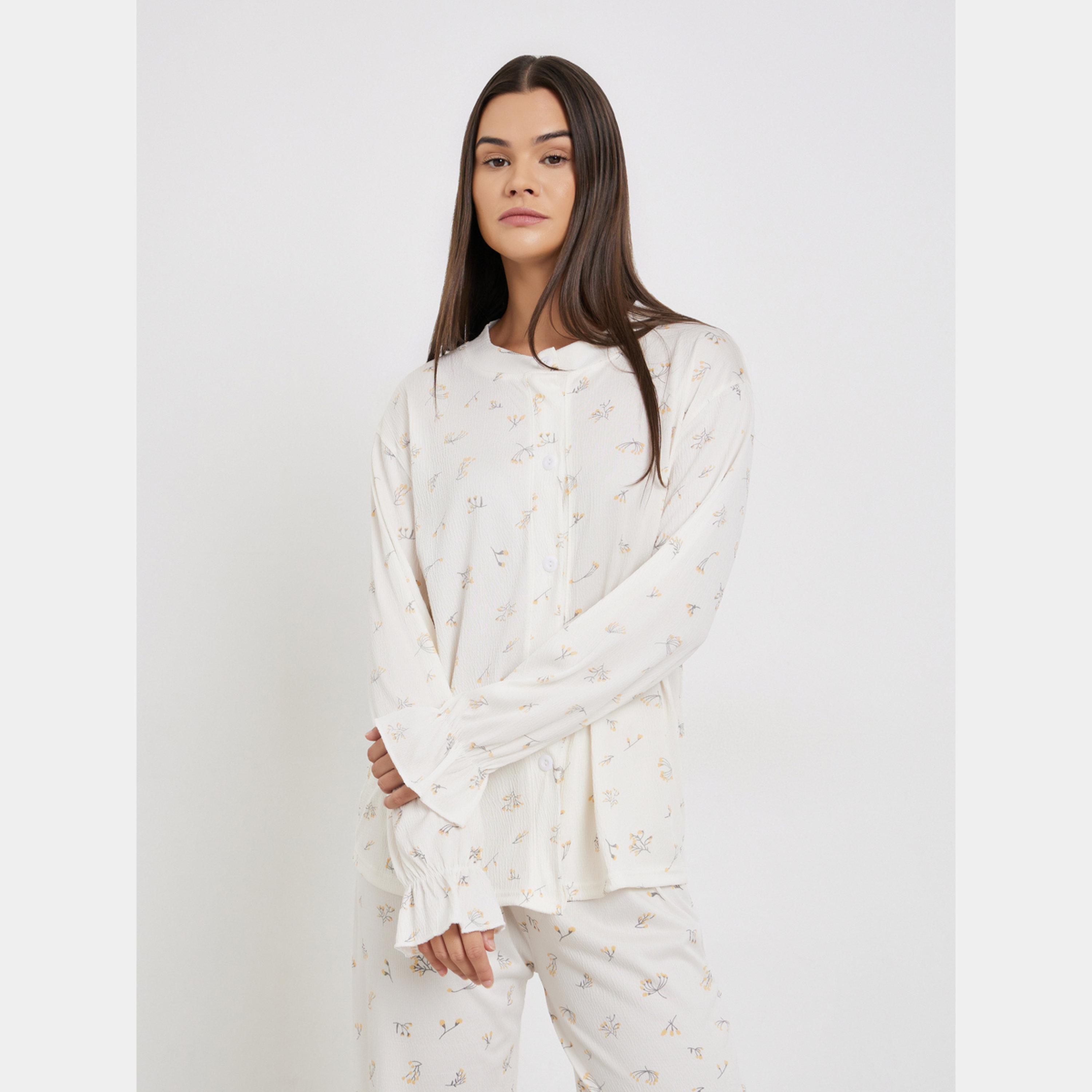 ستايلي - بيجاما قميص بطبعة زهور برقبة دائرية-women-clothing-nightwear-pyjamas-longsets-image-2