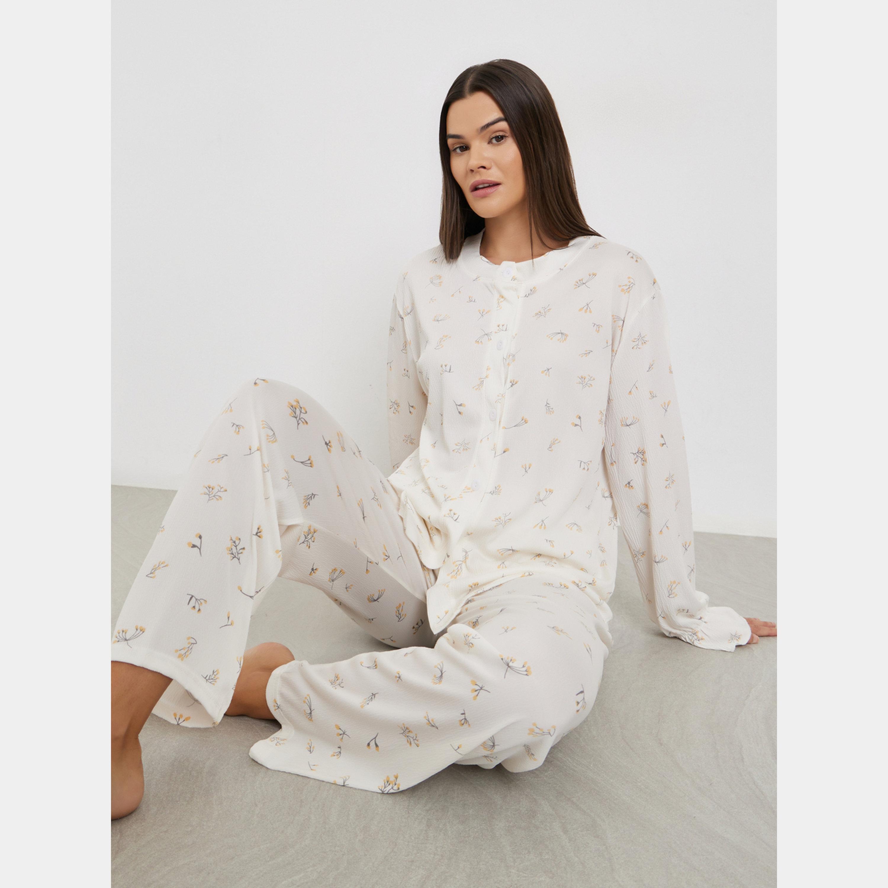 ستايلي - بيجاما قميص بطبعة زهور برقبة دائرية-women-clothing-nightwear-pyjamas-longsets-image-5