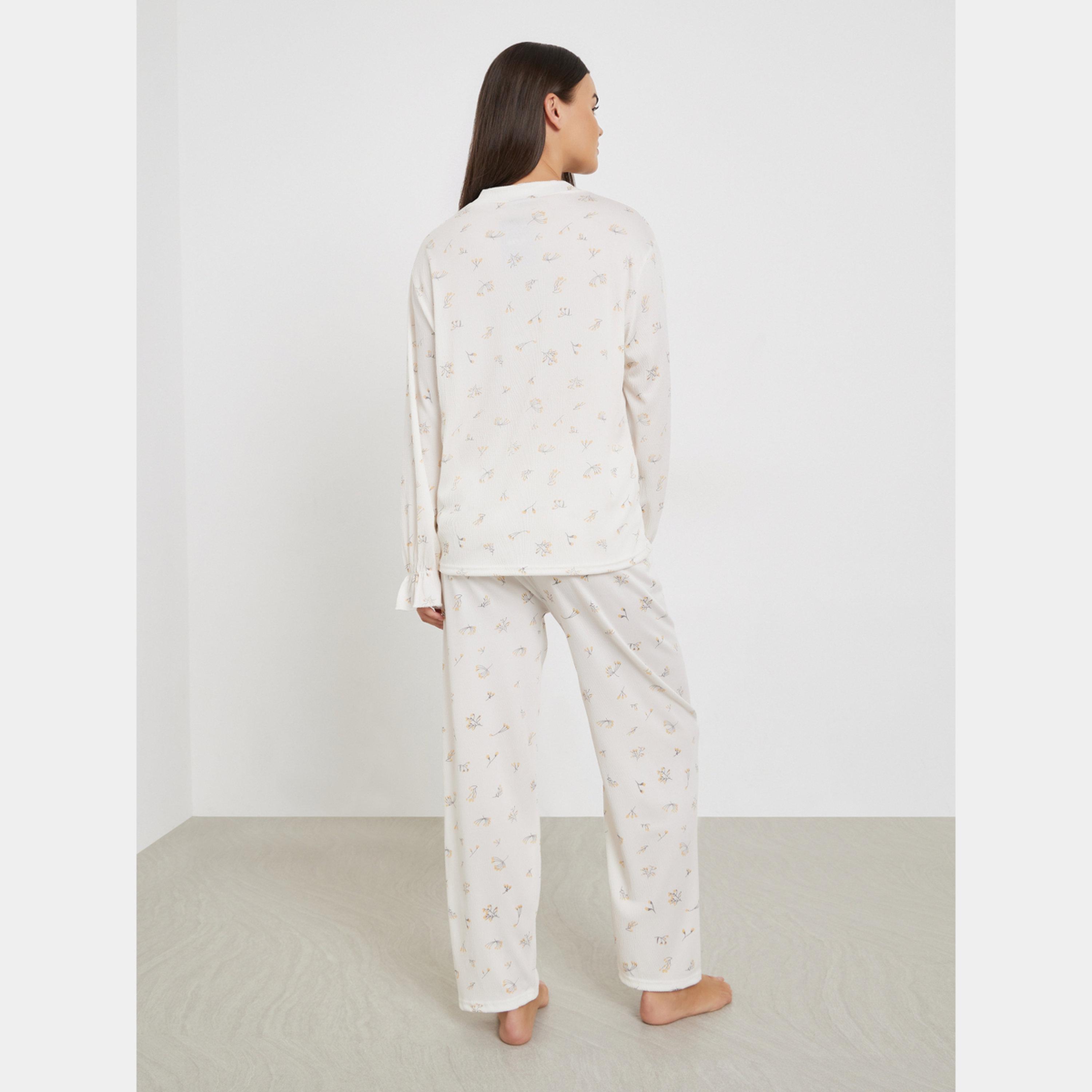 ستايلي - بيجاما قميص بطبعة زهور برقبة دائرية-women-clothing-nightwear-pyjamas-longsets-image-6