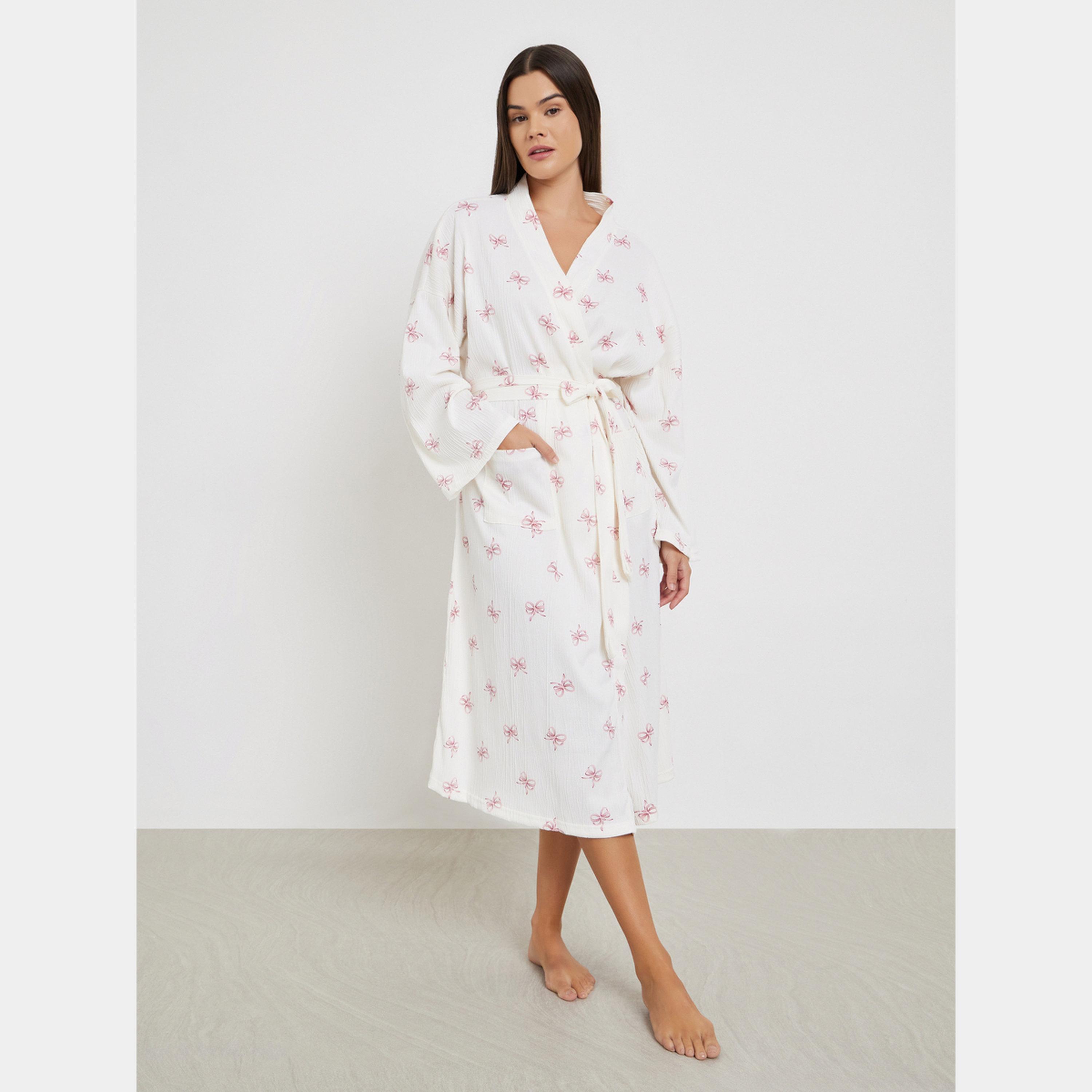 Styli Bow Print Long Sleeve Robe with Removable Belt-women-clothing-nightwear-robes-image-2
