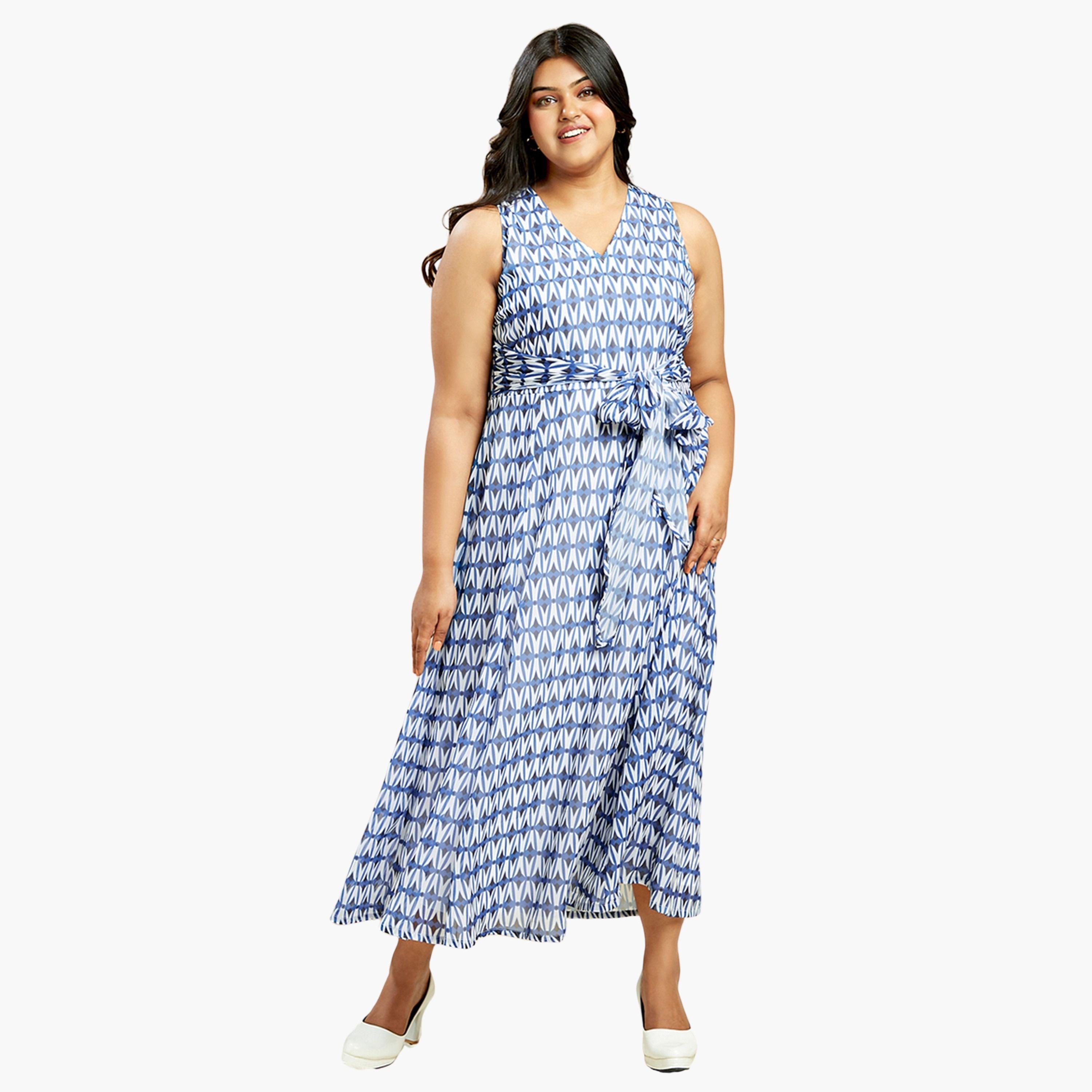 Globus X Styli Plus Size Blue Printed Sleeveless Maxi Dress-women-clothing-dresses-image-1