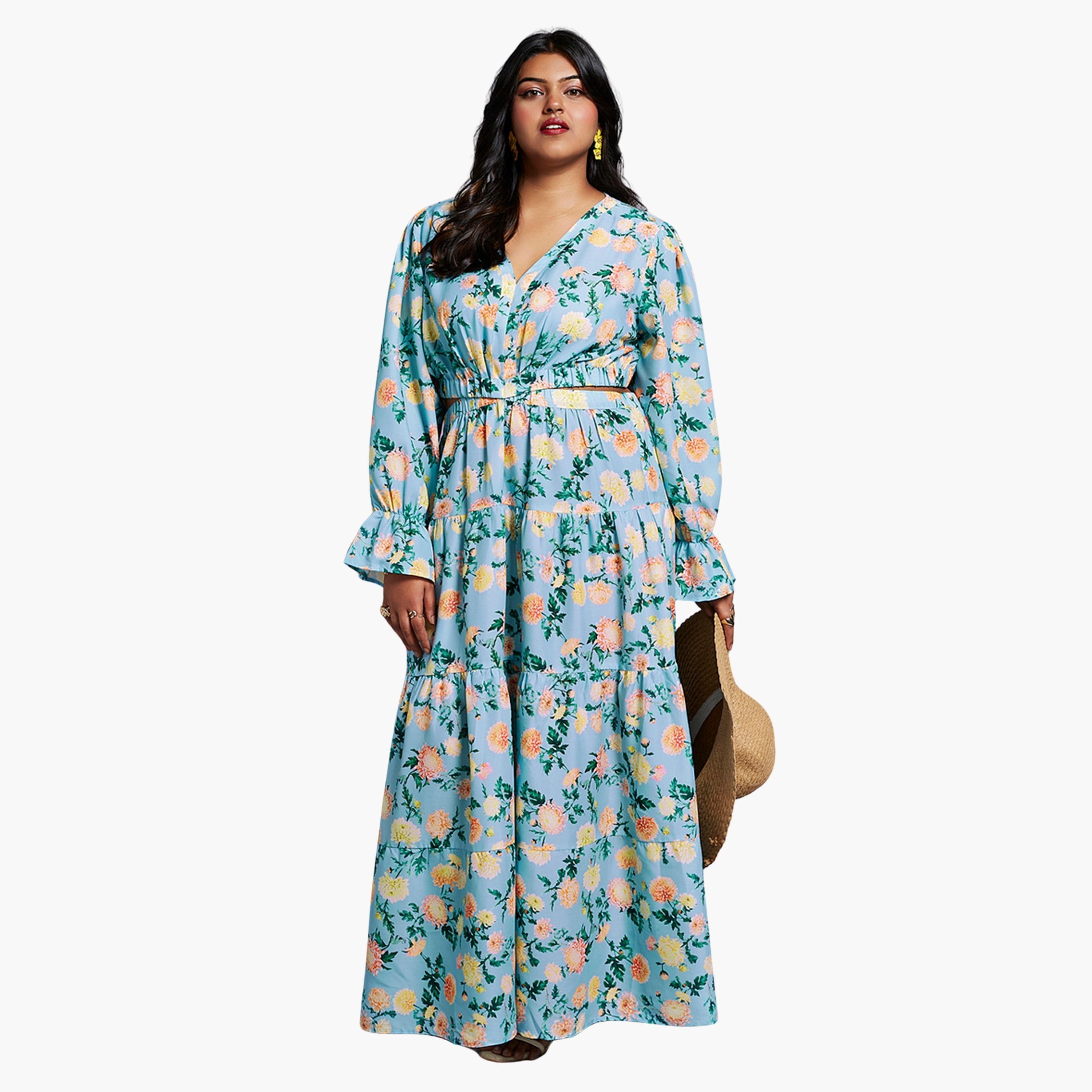 غلوبوس × ستايلي - فستان ماكسي بطبعة زهور لون أزرق بحجم كبير-women-clothing-dresses-image-1