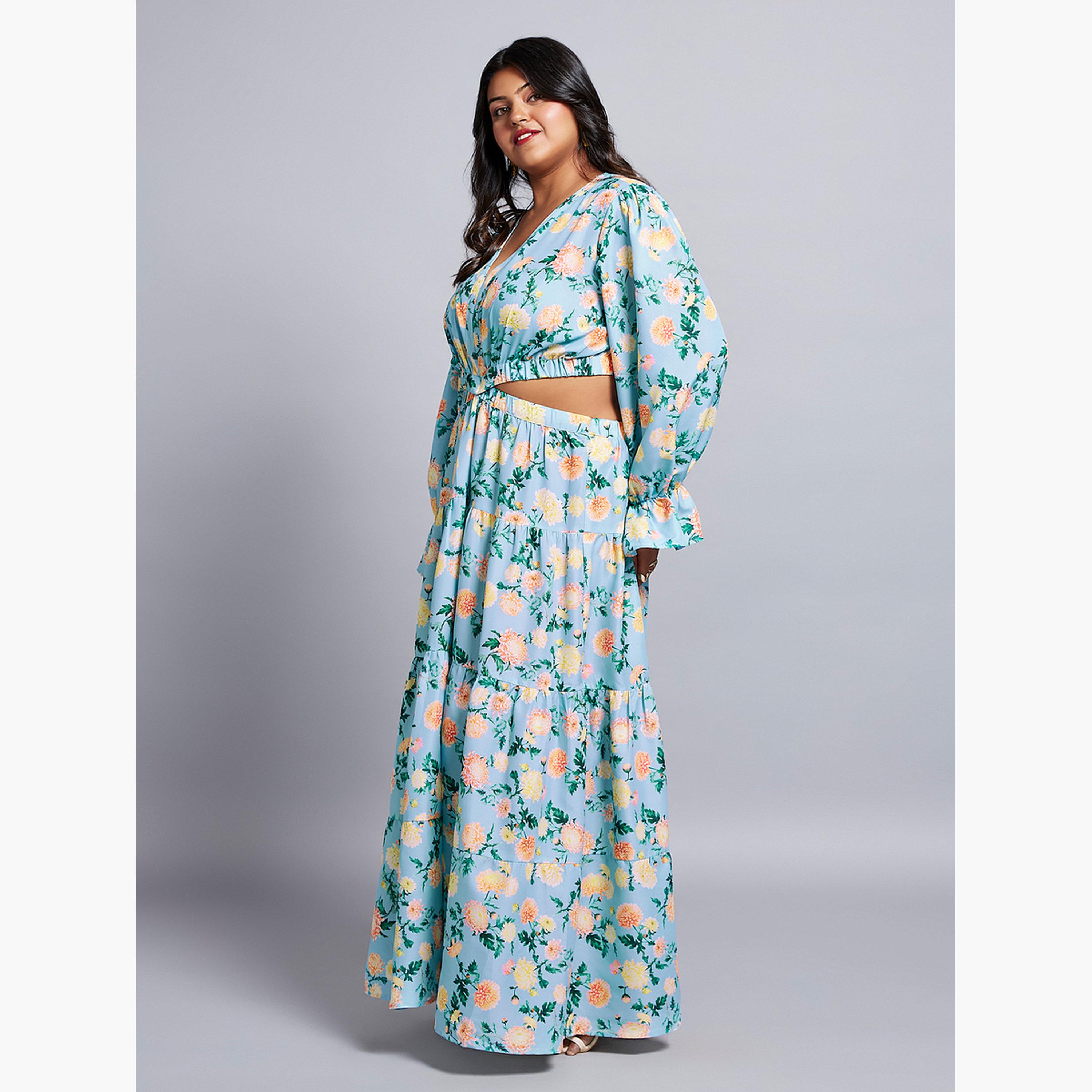 غلوبوس × ستايلي - فستان ماكسي بطبعة زهور لون أزرق بحجم كبير-women-clothing-dresses-image-2