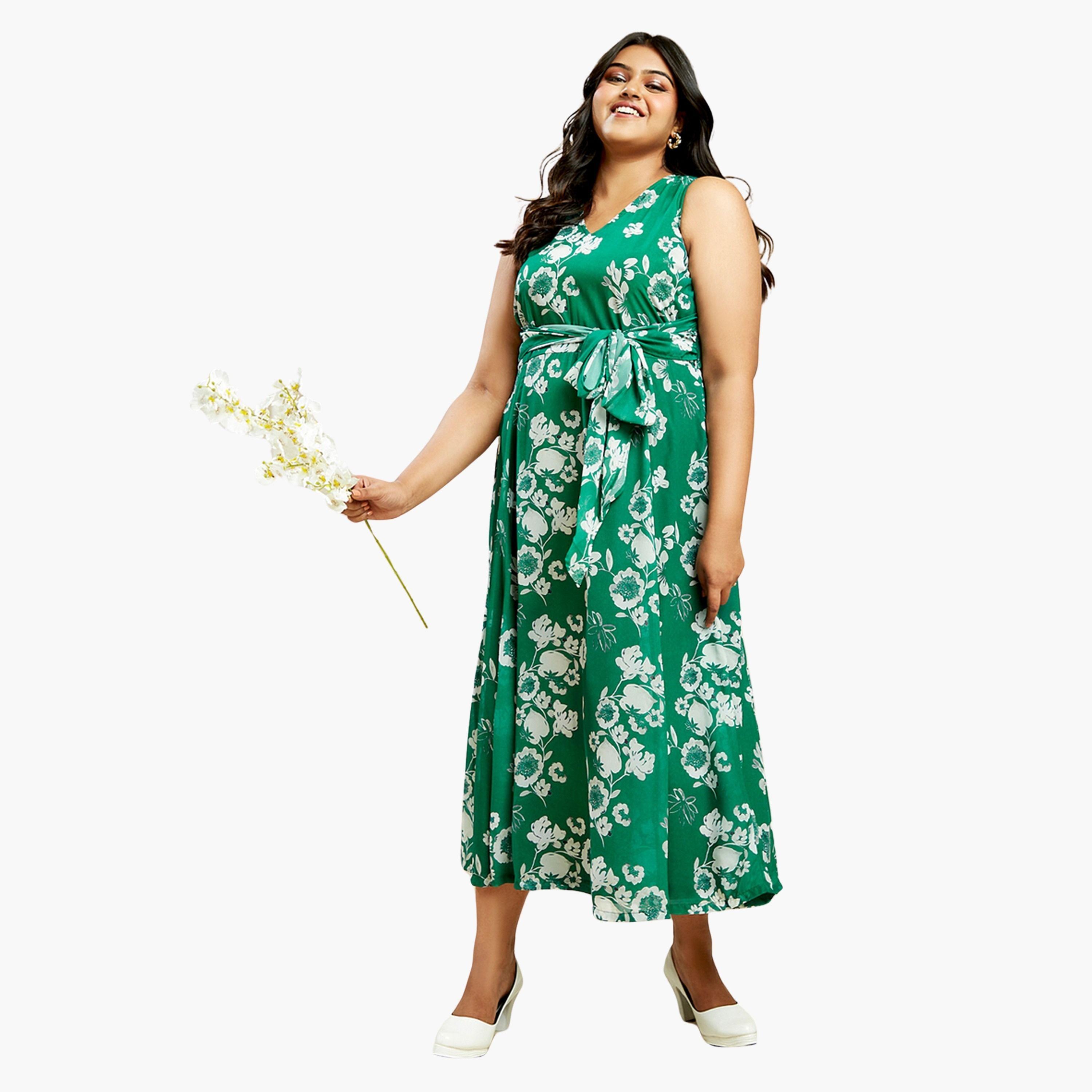 غلوبوس × ستايلي - فستان ماكسي بدون أكمام بطبعة زهور خضراء حجم كبير-women-clothing-dresses-image-1