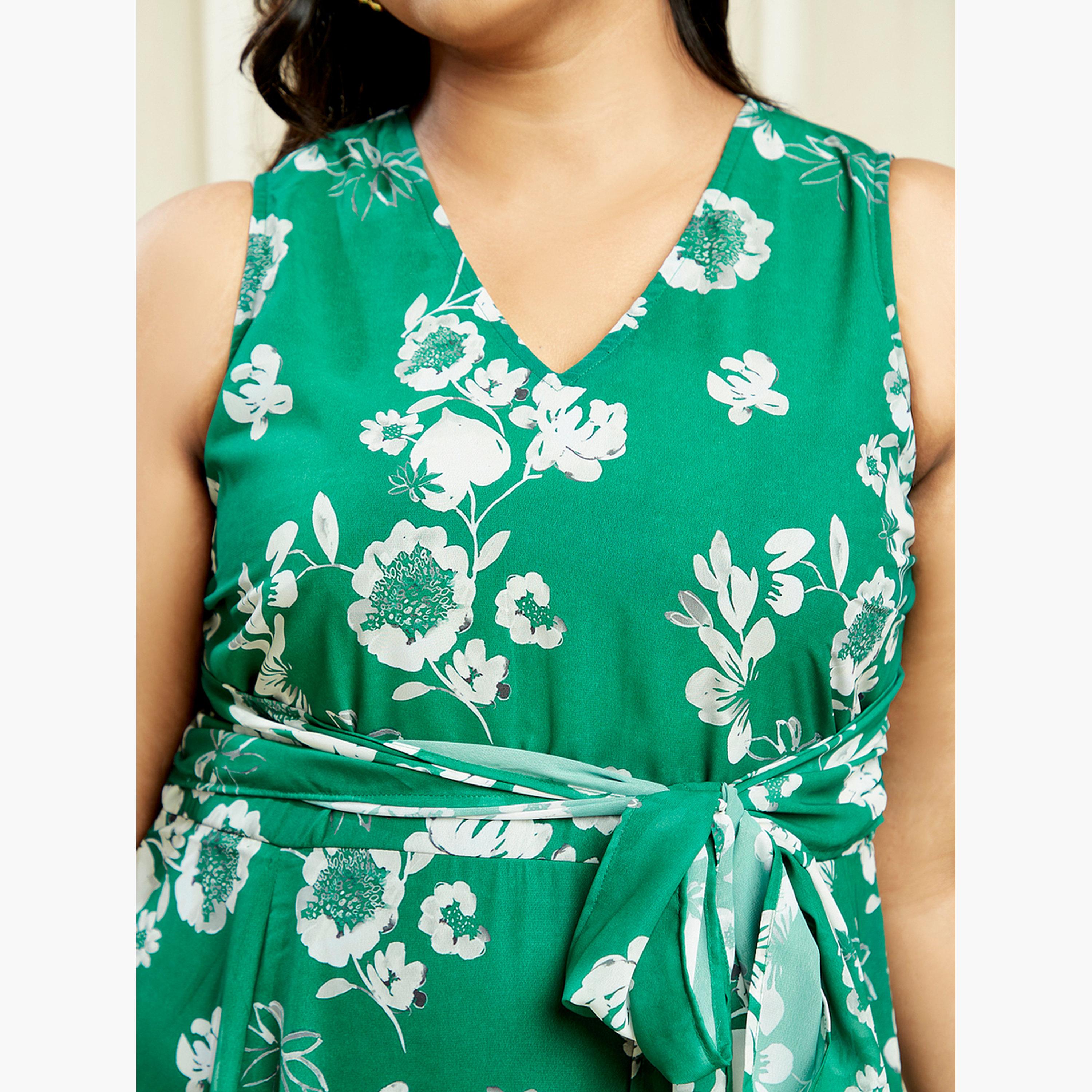 Globus X Styli Plus Size Green Floral Print Sleeveless Maxi Dress-women-clothing-dresses-image-4
