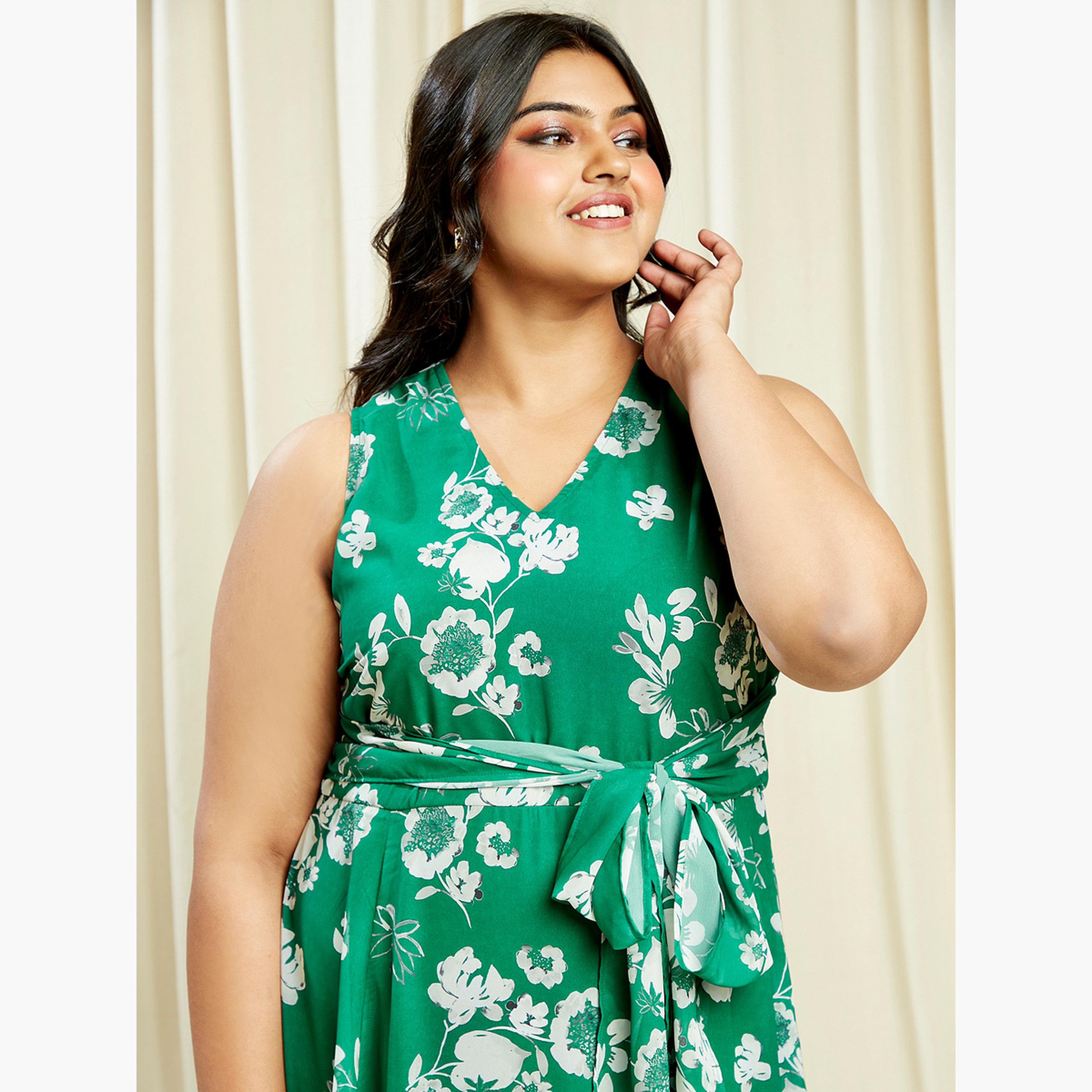 غلوبوس × ستايلي - فستان ماكسي بدون أكمام بطبعة زهور خضراء حجم كبير-women-clothing-dresses-image-5