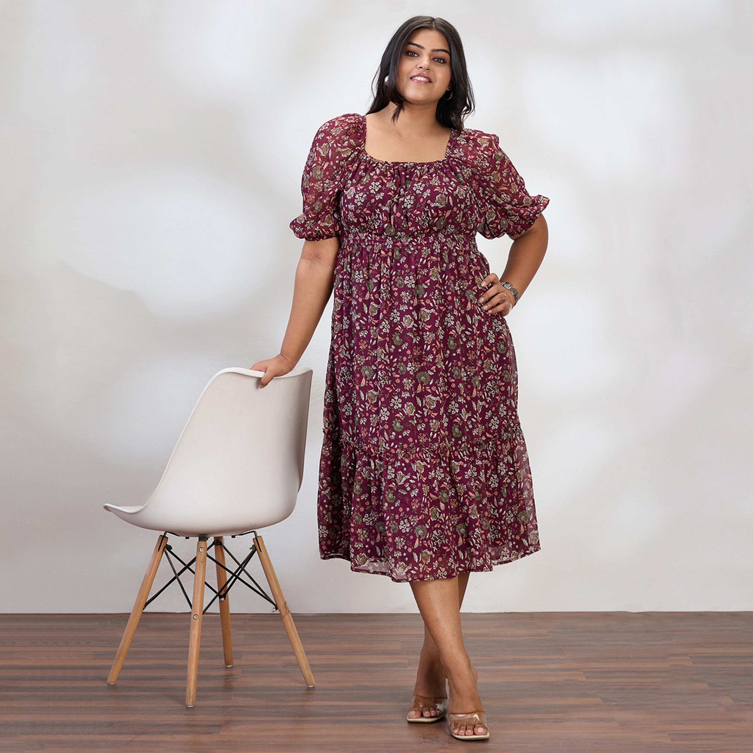 Globus X Styli Plus Size Maroon Printed Tiered Midi Dress-women-clothing-dresses-image-1