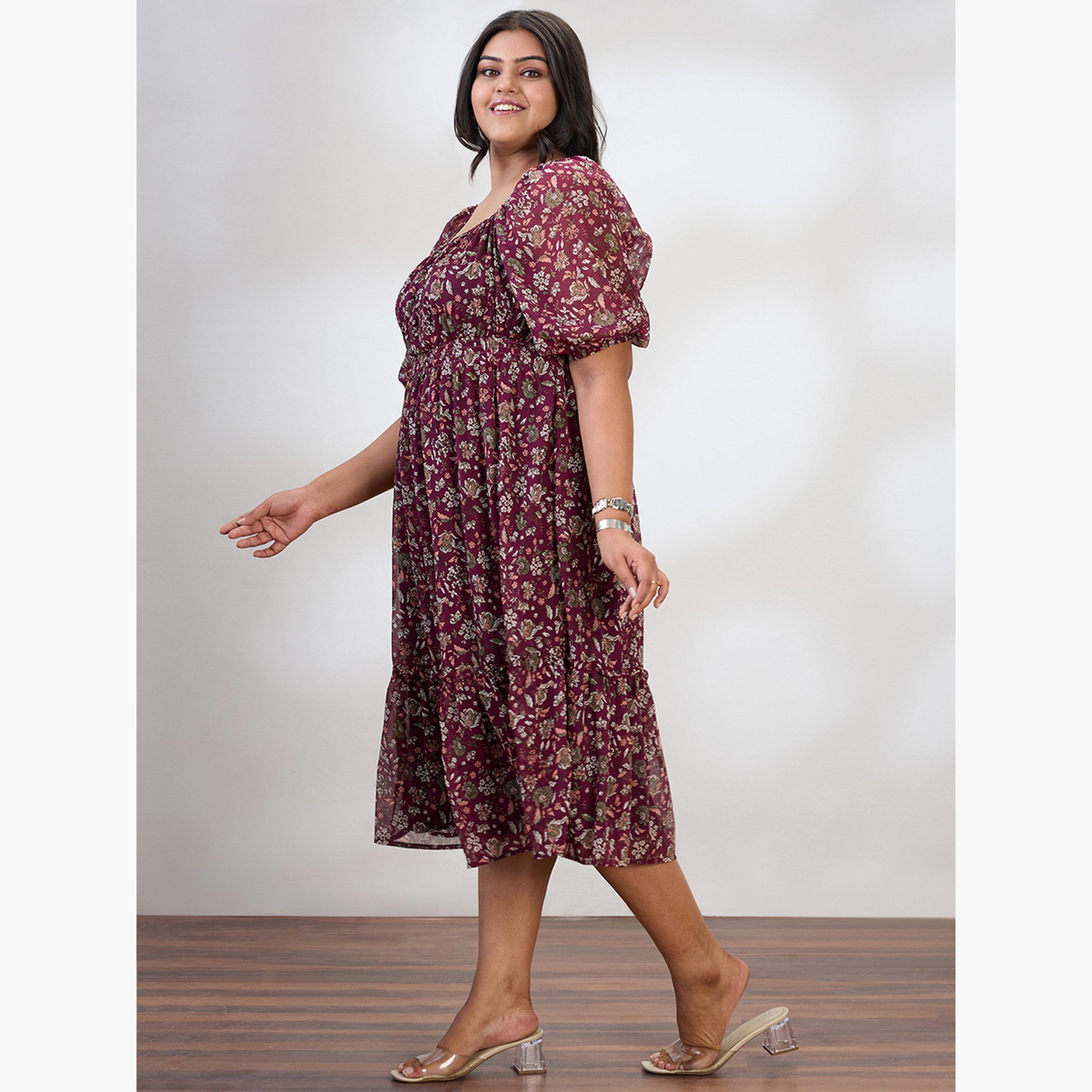 Globus X Styli Plus Size Maroon Printed Tiered Midi Dress-women-clothing-dresses-image-2