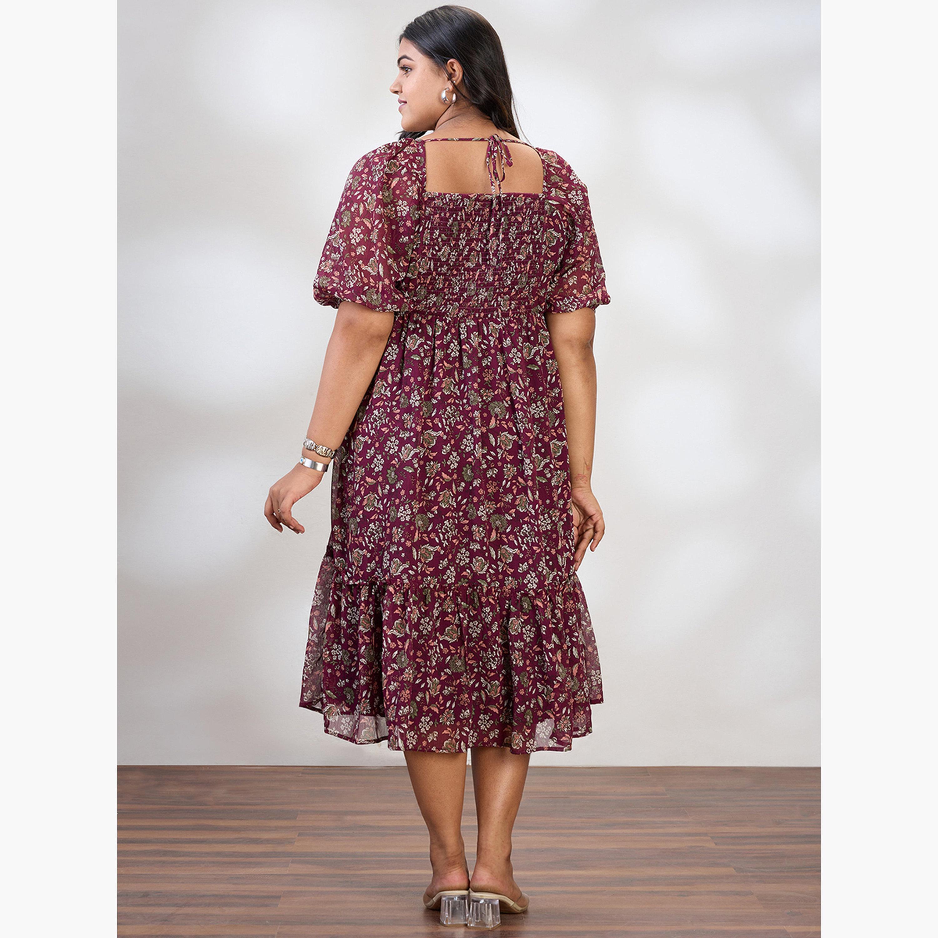 Globus X Styli Plus Size Maroon Printed Tiered Midi Dress-women-clothing-dresses-image-3