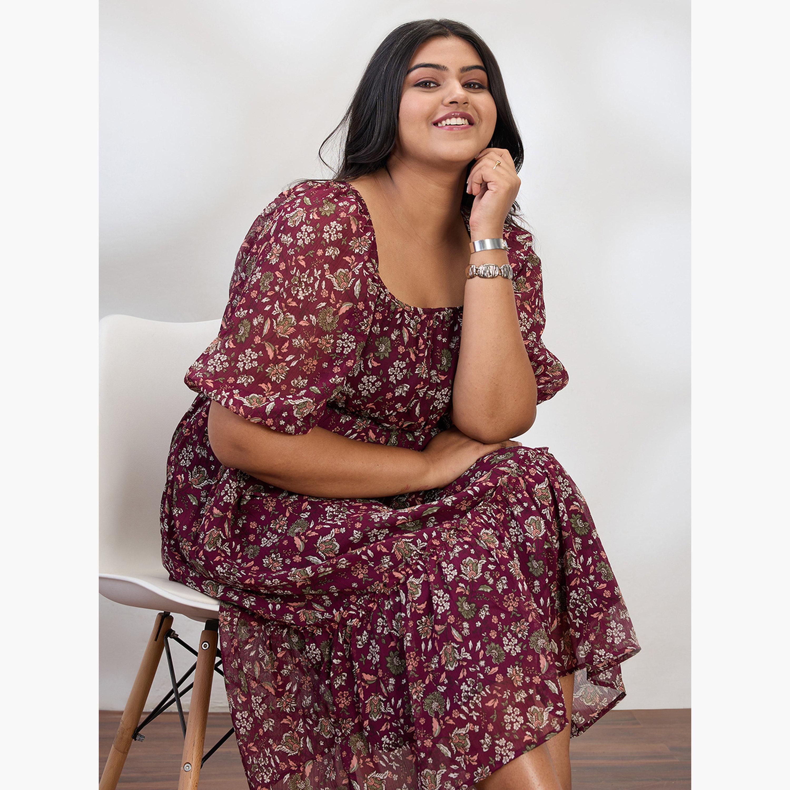 Globus X Styli Plus Size Maroon Printed Tiered Midi Dress-women-clothing-dresses-image-5