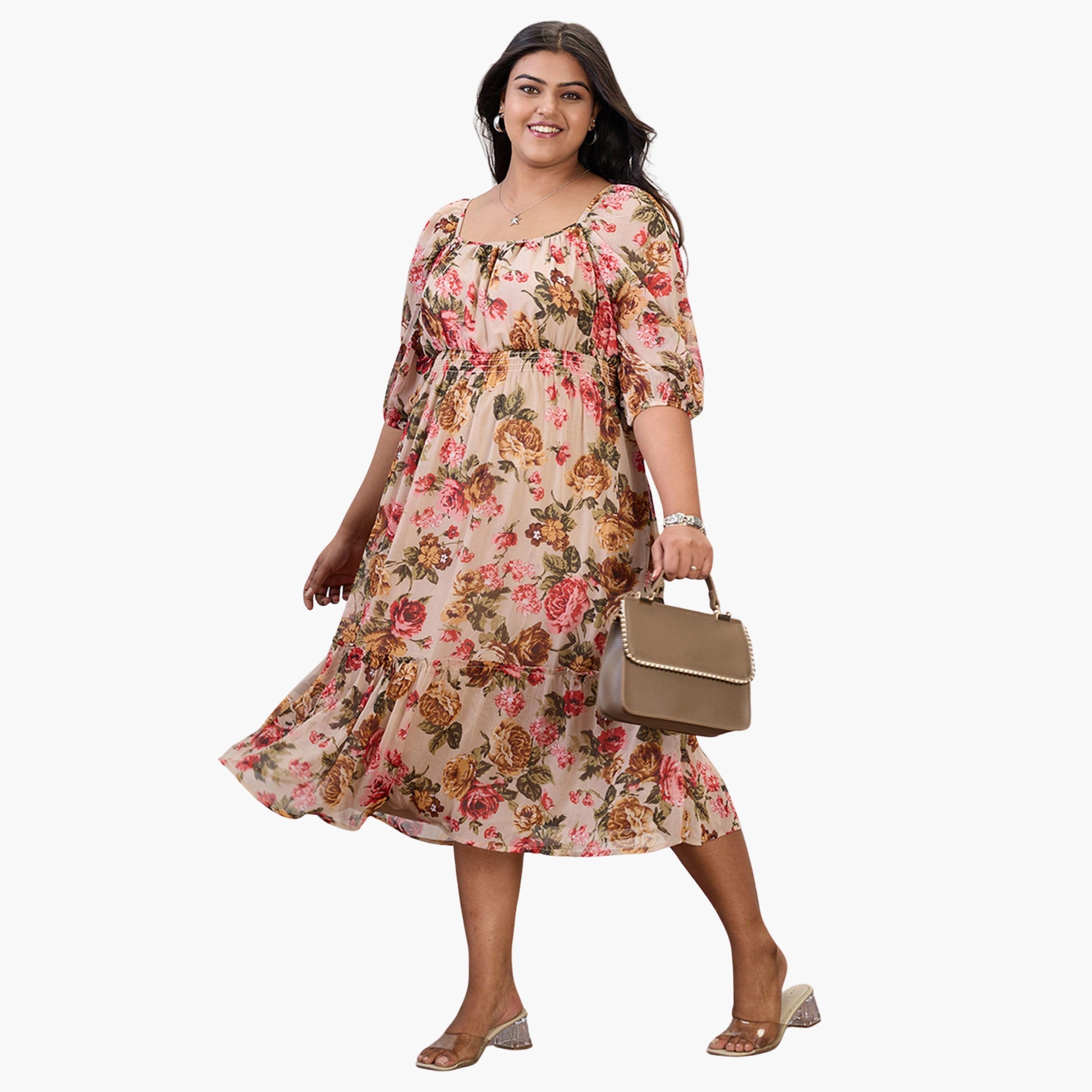 غلوبوس × ستايلي - فستان متوسط ​​الطول بطبعة زهور لون بيج بمقاسات كبيرة-women-clothing-dresses-image-1