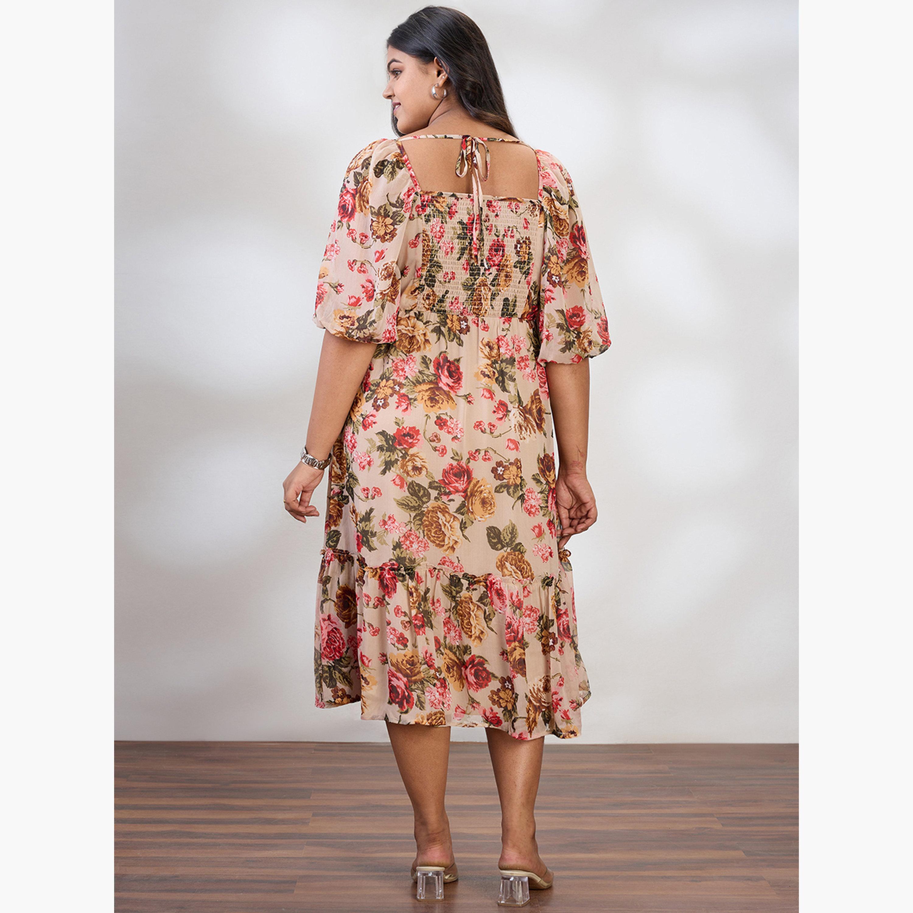 غلوبوس × ستايلي - فستان متوسط ​​الطول بطبعة زهور لون بيج بمقاسات كبيرة-women-clothing-dresses-image-3