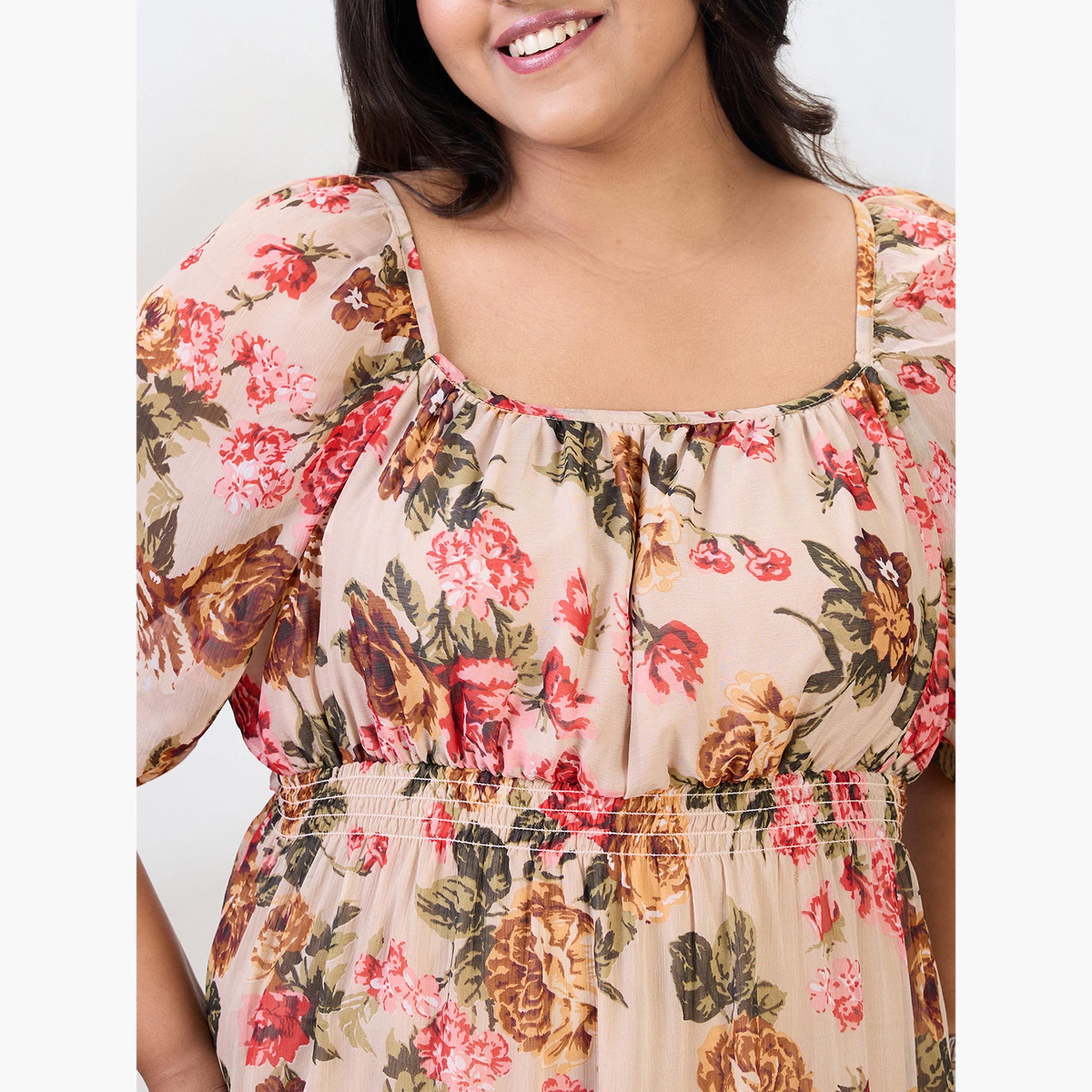 غلوبوس × ستايلي - فستان متوسط ​​الطول بطبعة زهور لون بيج بمقاسات كبيرة-women-clothing-dresses-image-4