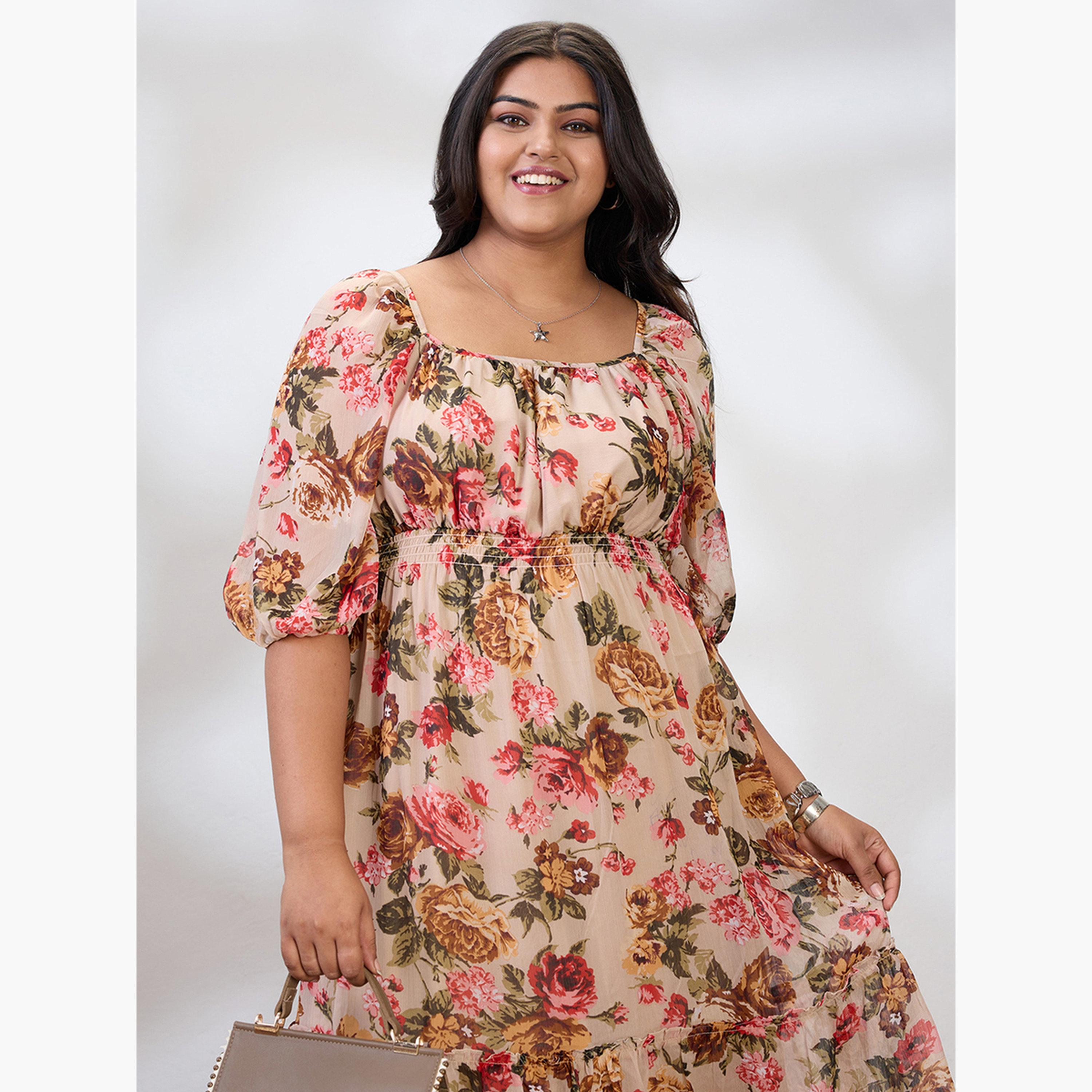 Globus X Styli Plus Size Beige Floral Print Midi Dress-women-clothing-dresses-image-5