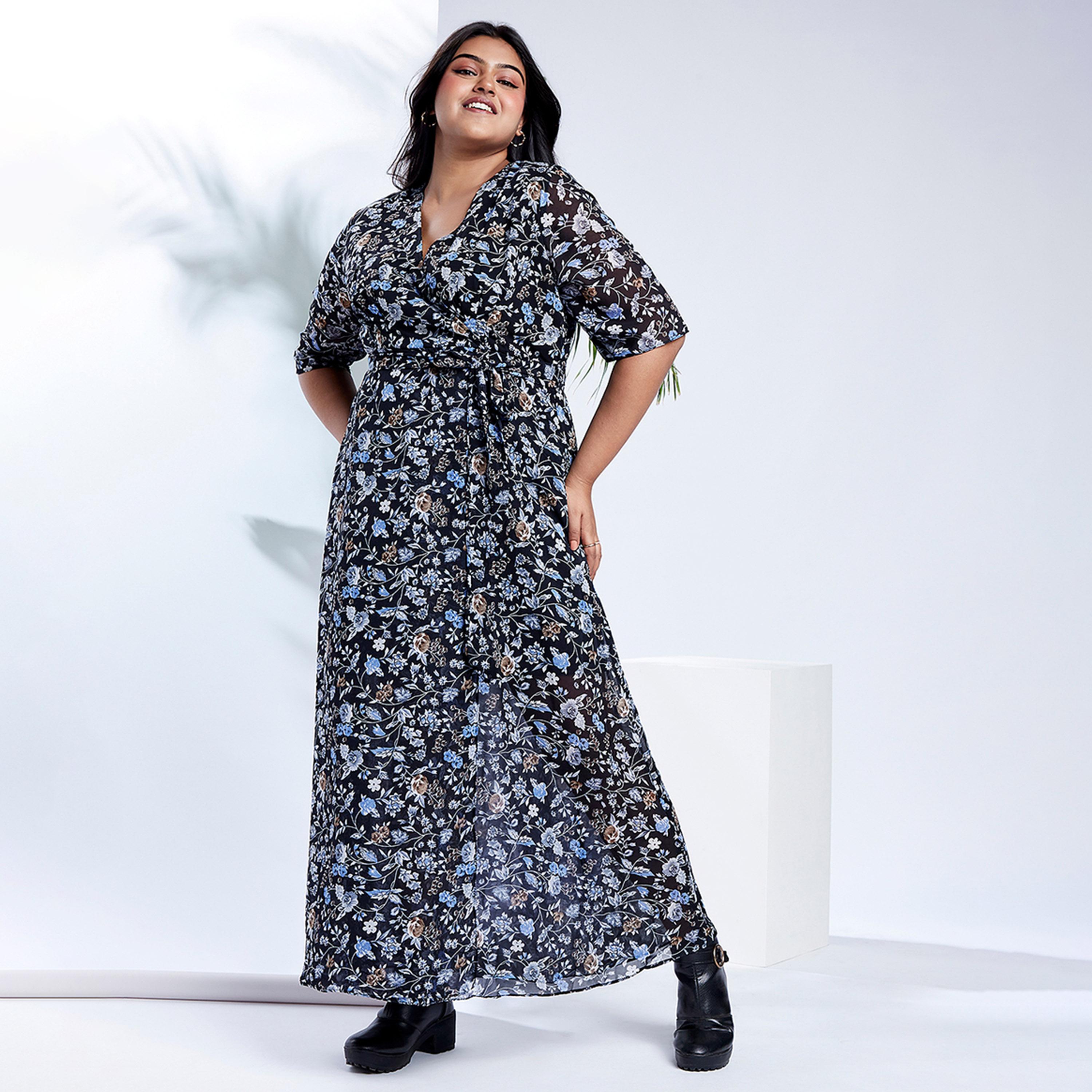غلوبوس × ستايلي - فستان ماكسي بطبعة زهور أزرق داكن حجم كبير-women-clothing-dresses-image-1