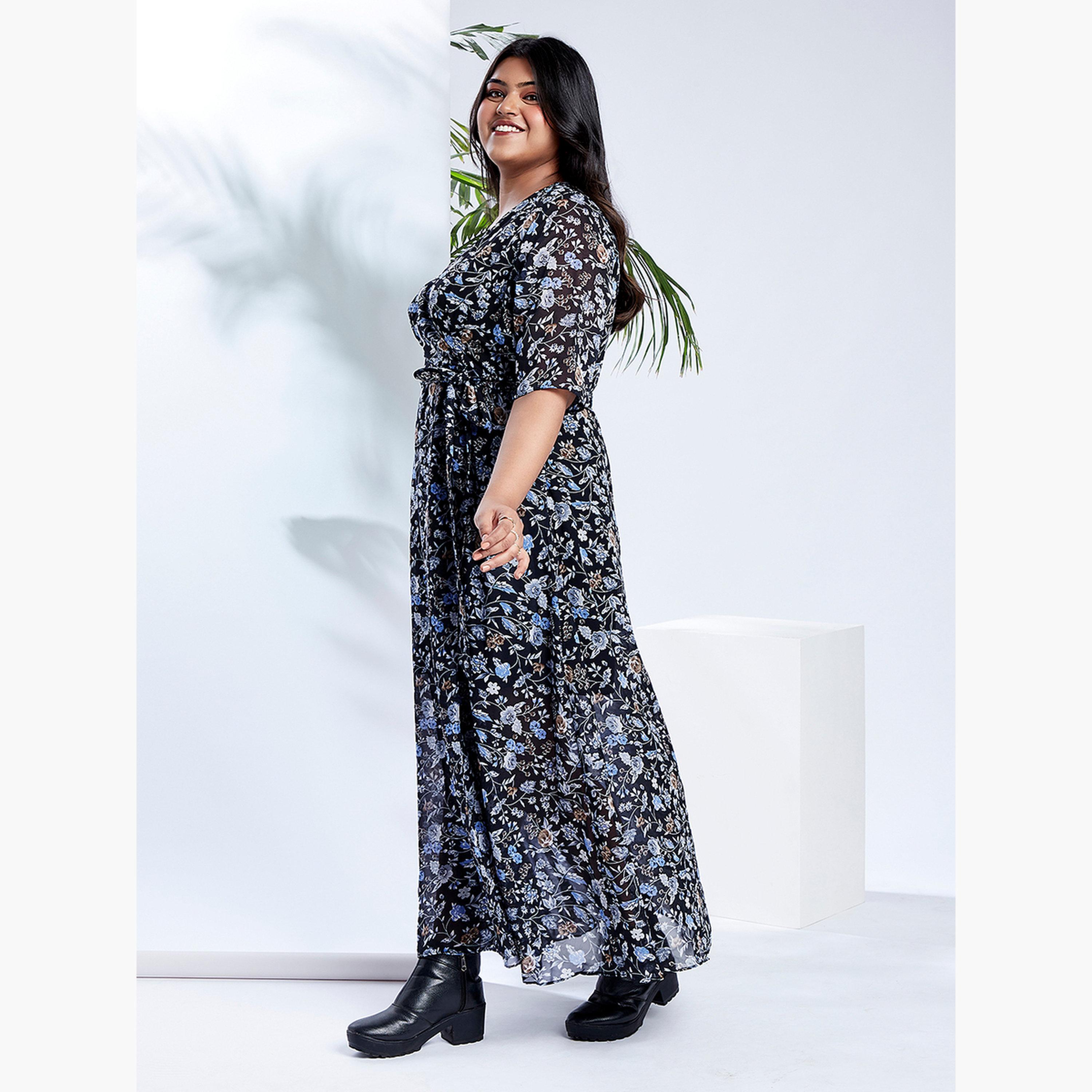 غلوبوس × ستايلي - فستان ماكسي بطبعة زهور أزرق داكن حجم كبير-women-clothing-dresses-image-2