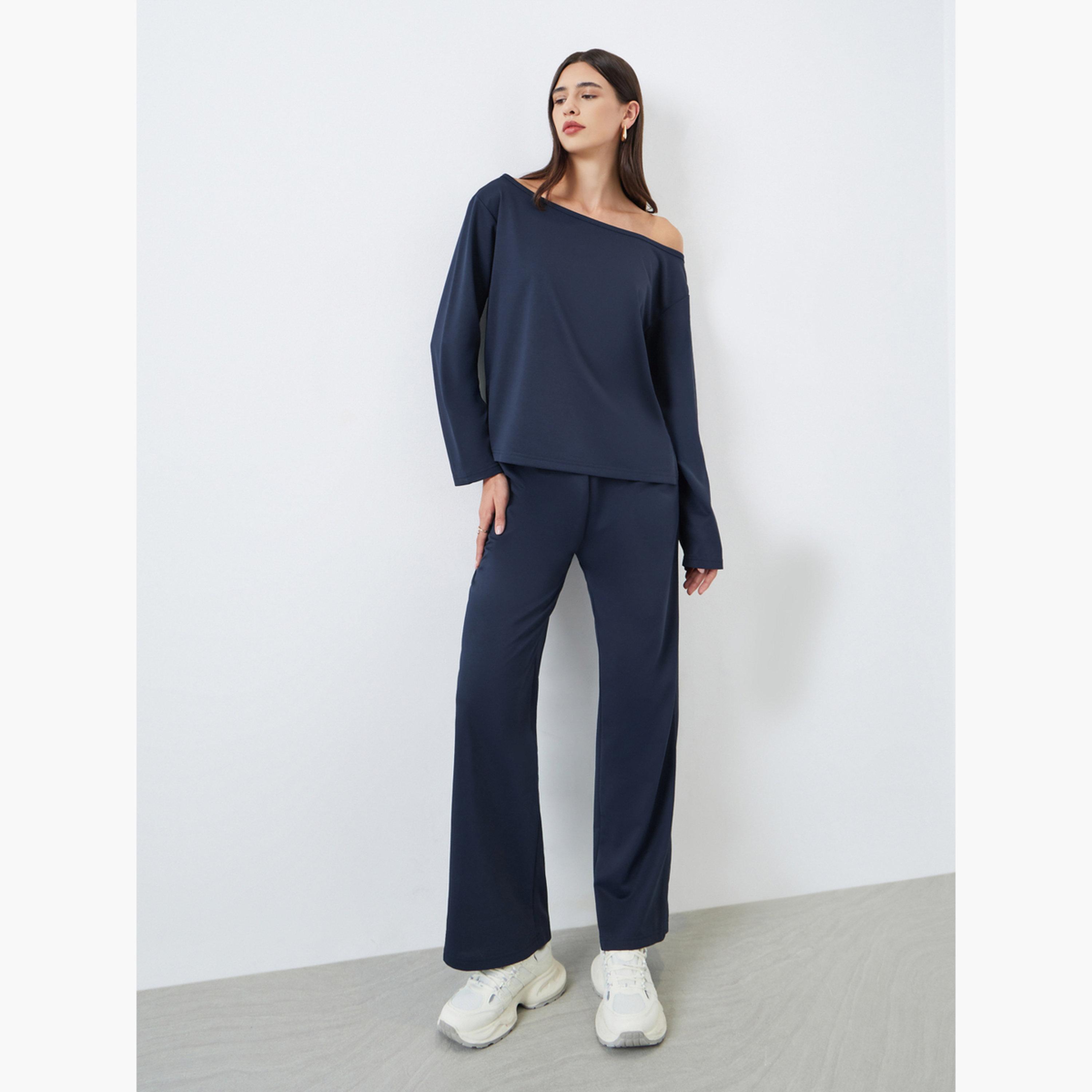 ستايلي - قميص أزرق داكن برقبة غير متماثلة وبنطال رياضي للنساء-women-clothing-coordsets-image-1