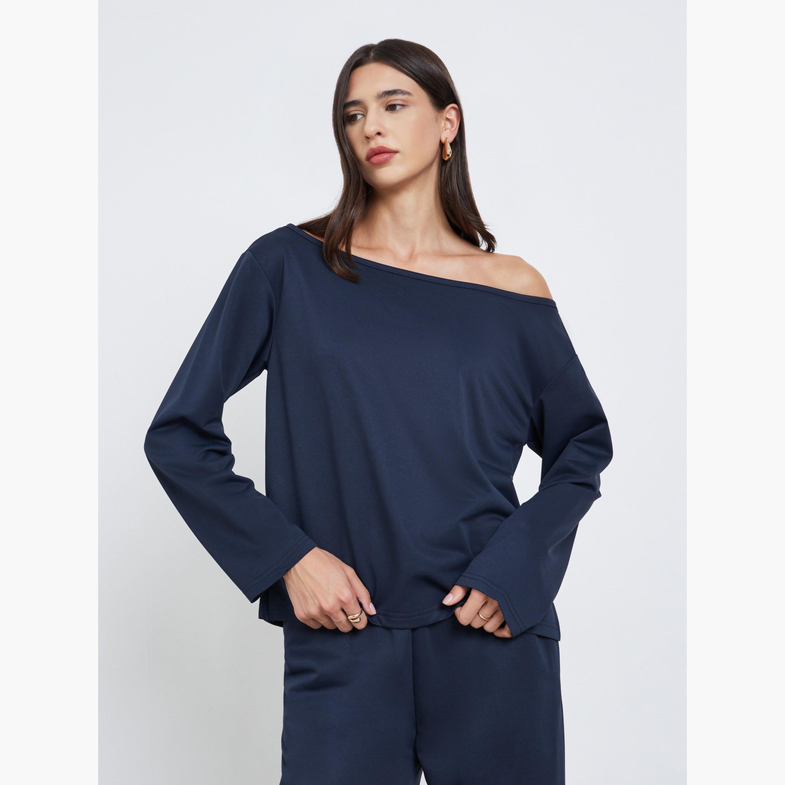 ستايلي - قميص أزرق داكن برقبة غير متماثلة وبنطال رياضي للنساء-women-clothing-coordsets-image-2