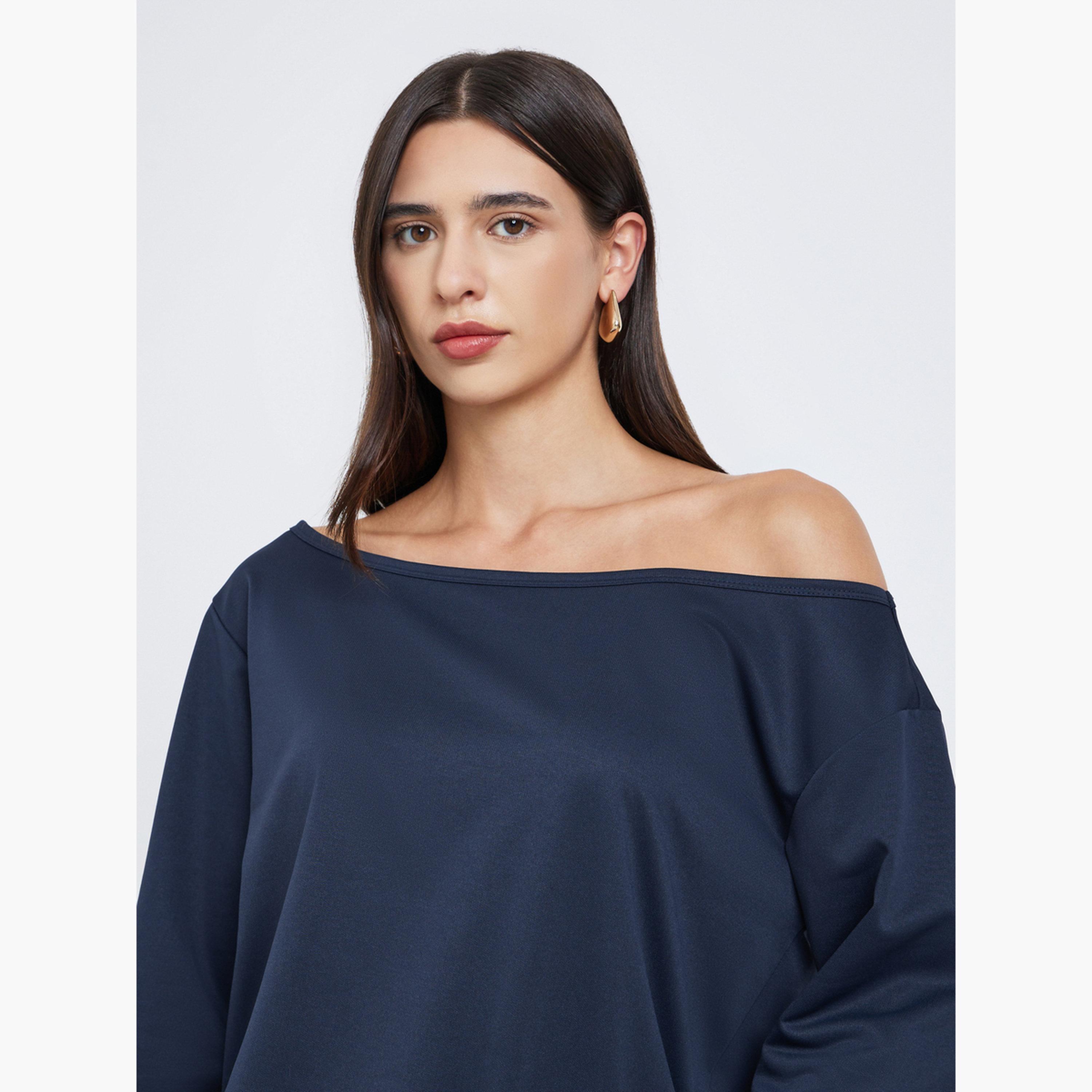 ستايلي - قميص أزرق داكن برقبة غير متماثلة وبنطال رياضي للنساء-women-clothing-coordsets-image-3