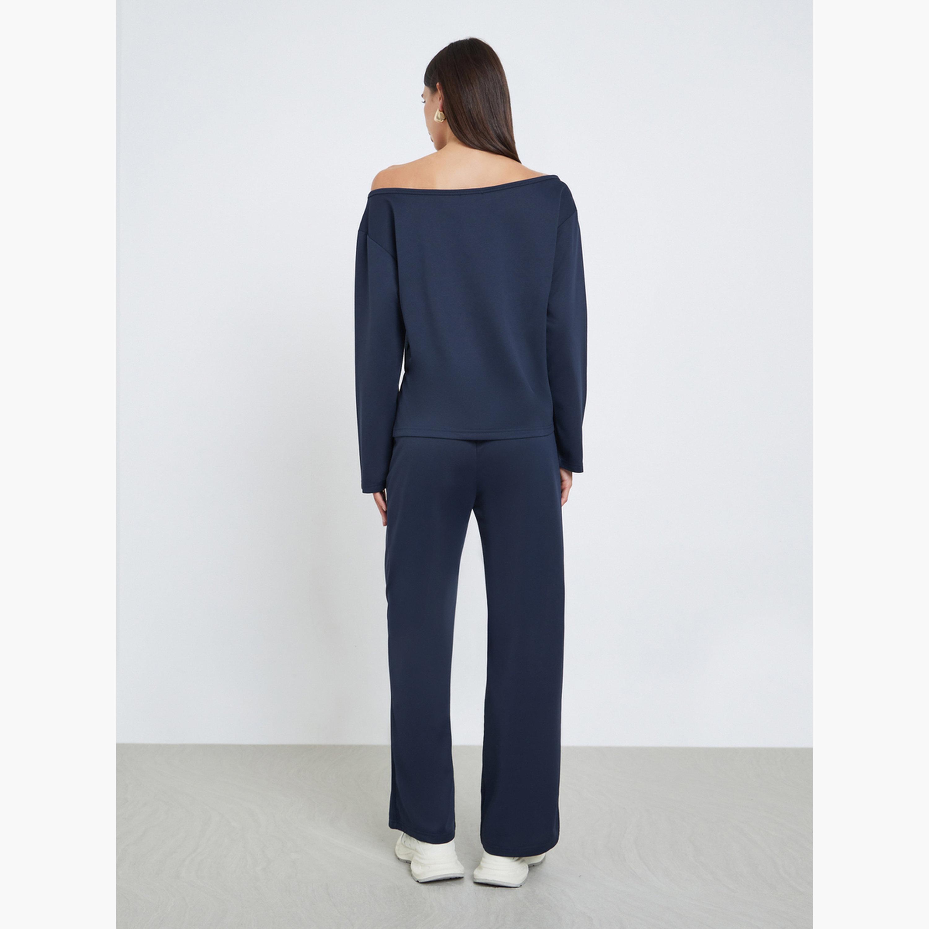 ستايلي - قميص أزرق داكن برقبة غير متماثلة وبنطال رياضي للنساء-women-clothing-coordsets-image-5