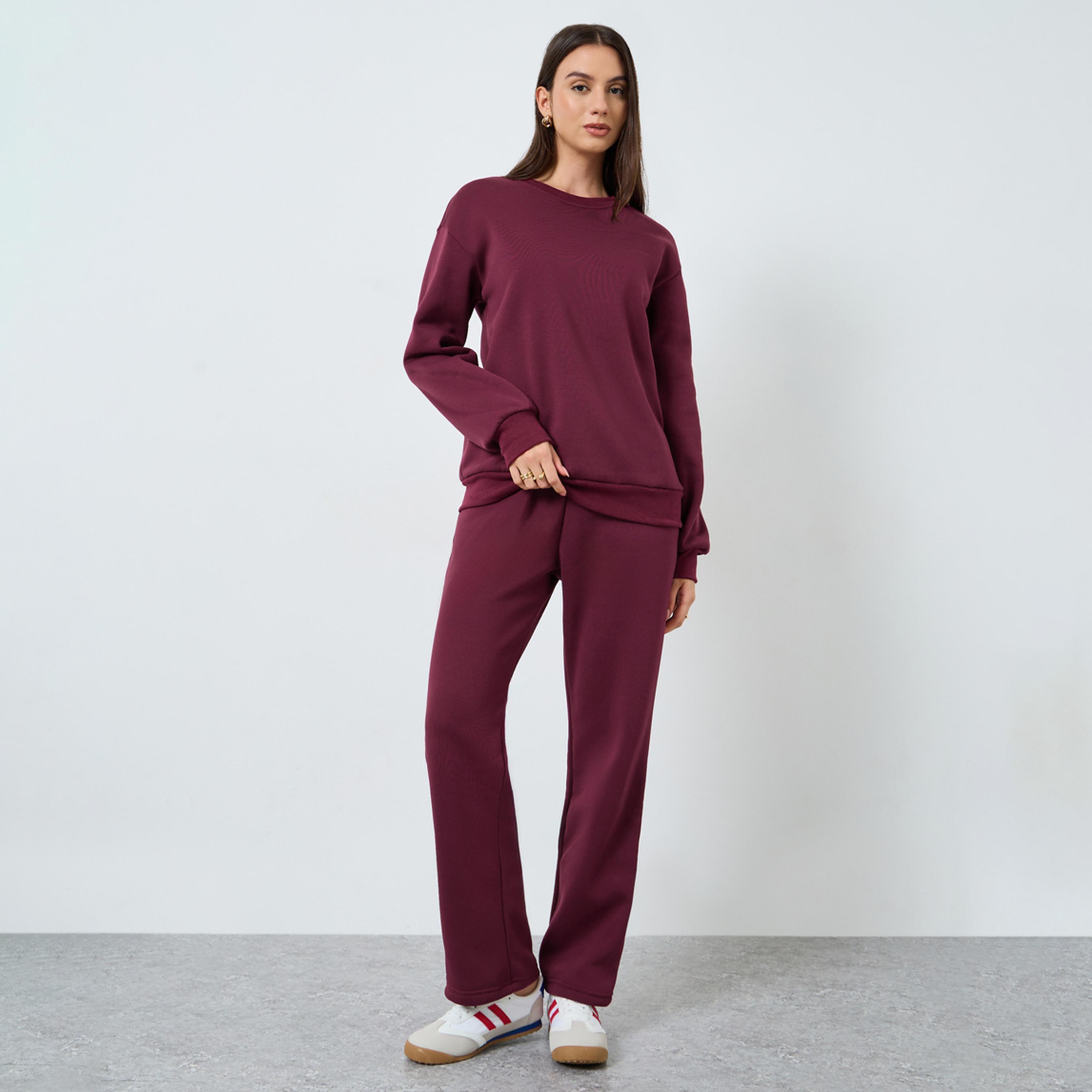 ستايلي - قميص رياضي وبنطال رياضي بقصّة عادية بلون برغندي-women-clothing-coordsets-image-1