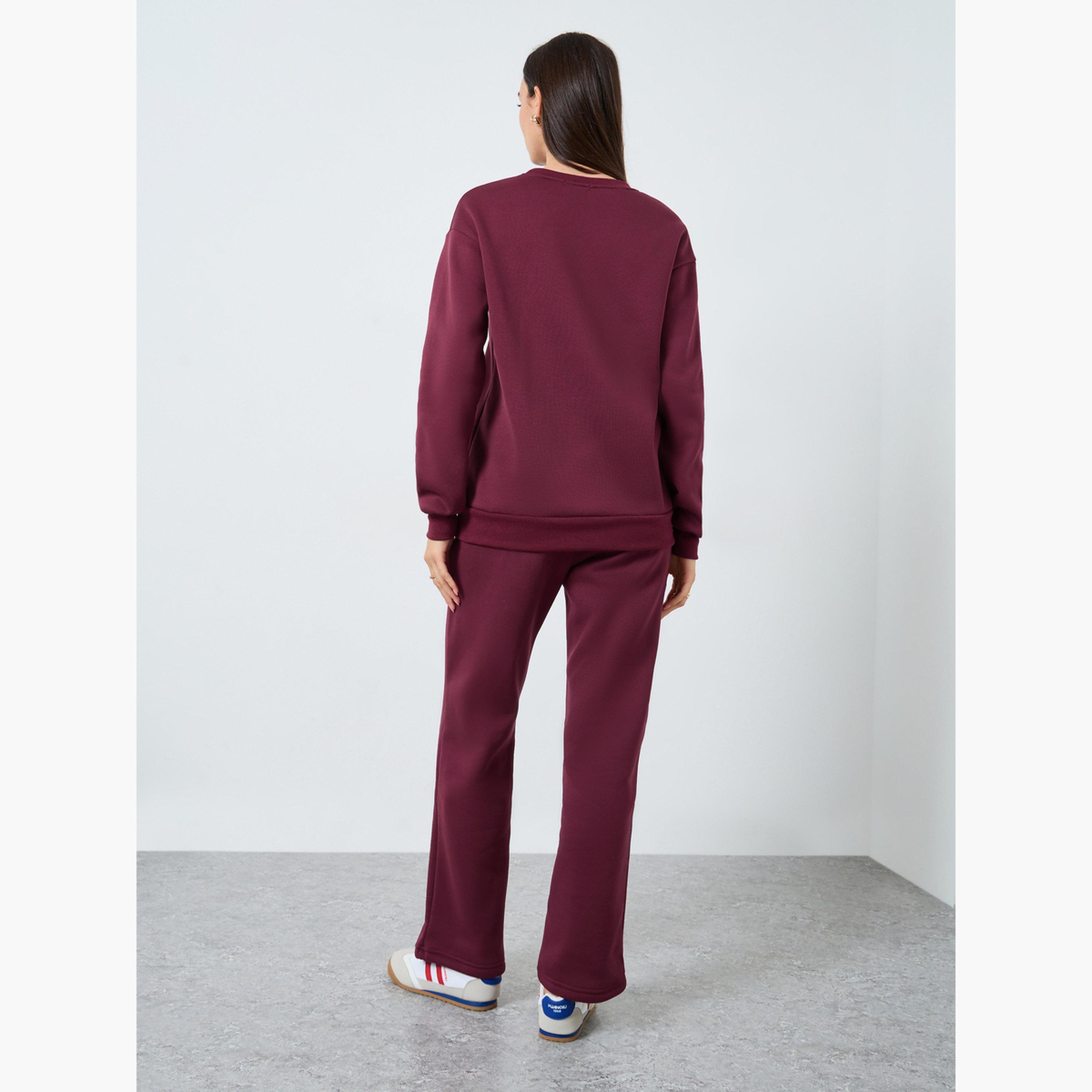 ستايلي - قميص رياضي وبنطال رياضي بقصّة عادية بلون برغندي-women-clothing-coordsets-image-4