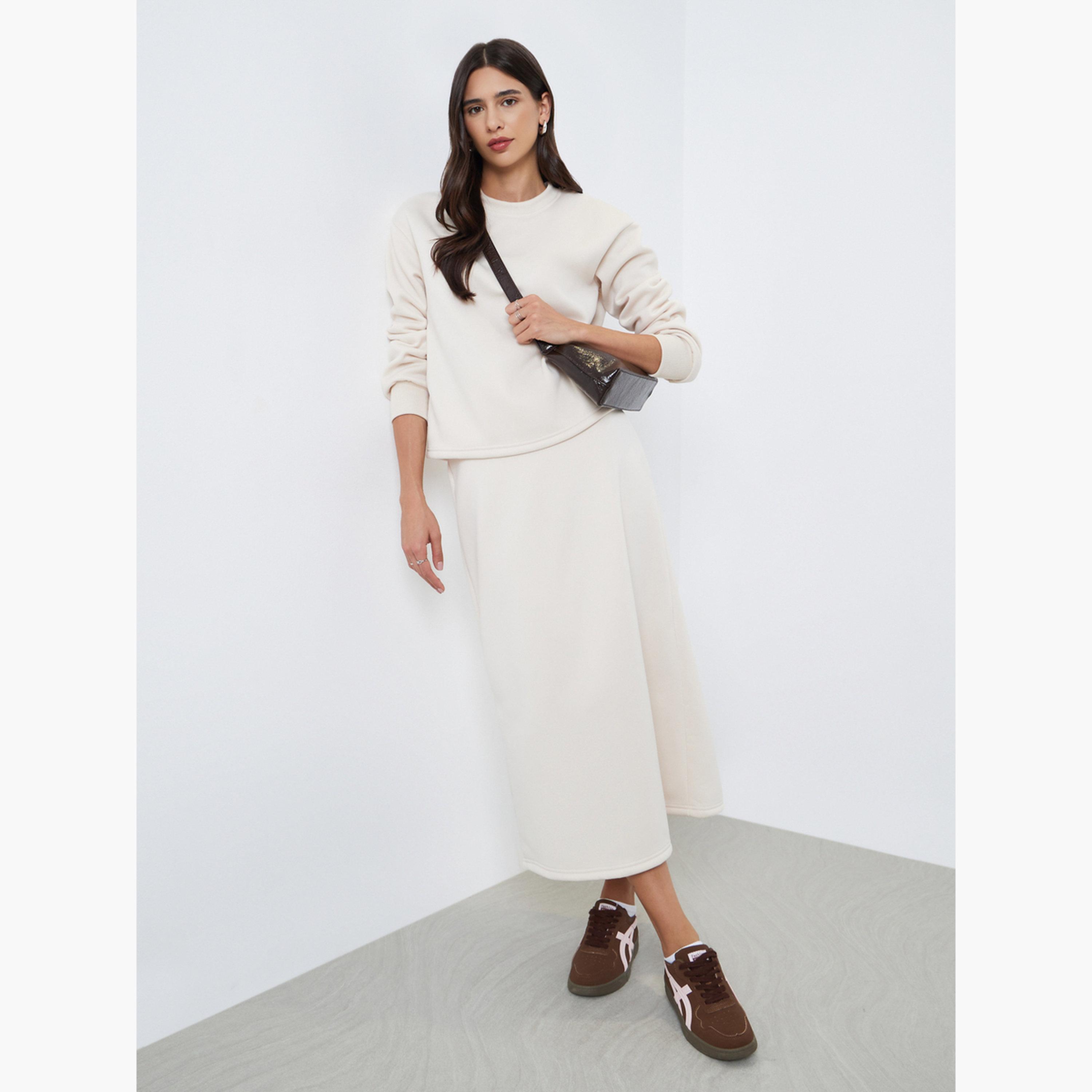 Styli Cream Round Neck Sweatshirt and Skirt Co-ords-women-clothing-coordsets-image-1