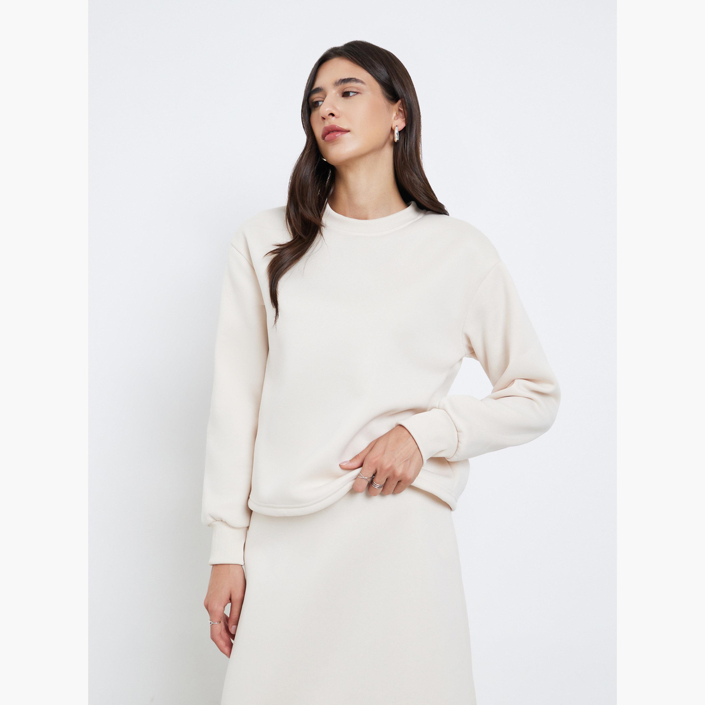 Styli Cream Round Neck Sweatshirt and Skirt Co-ords-women-clothing-coordsets-image-2