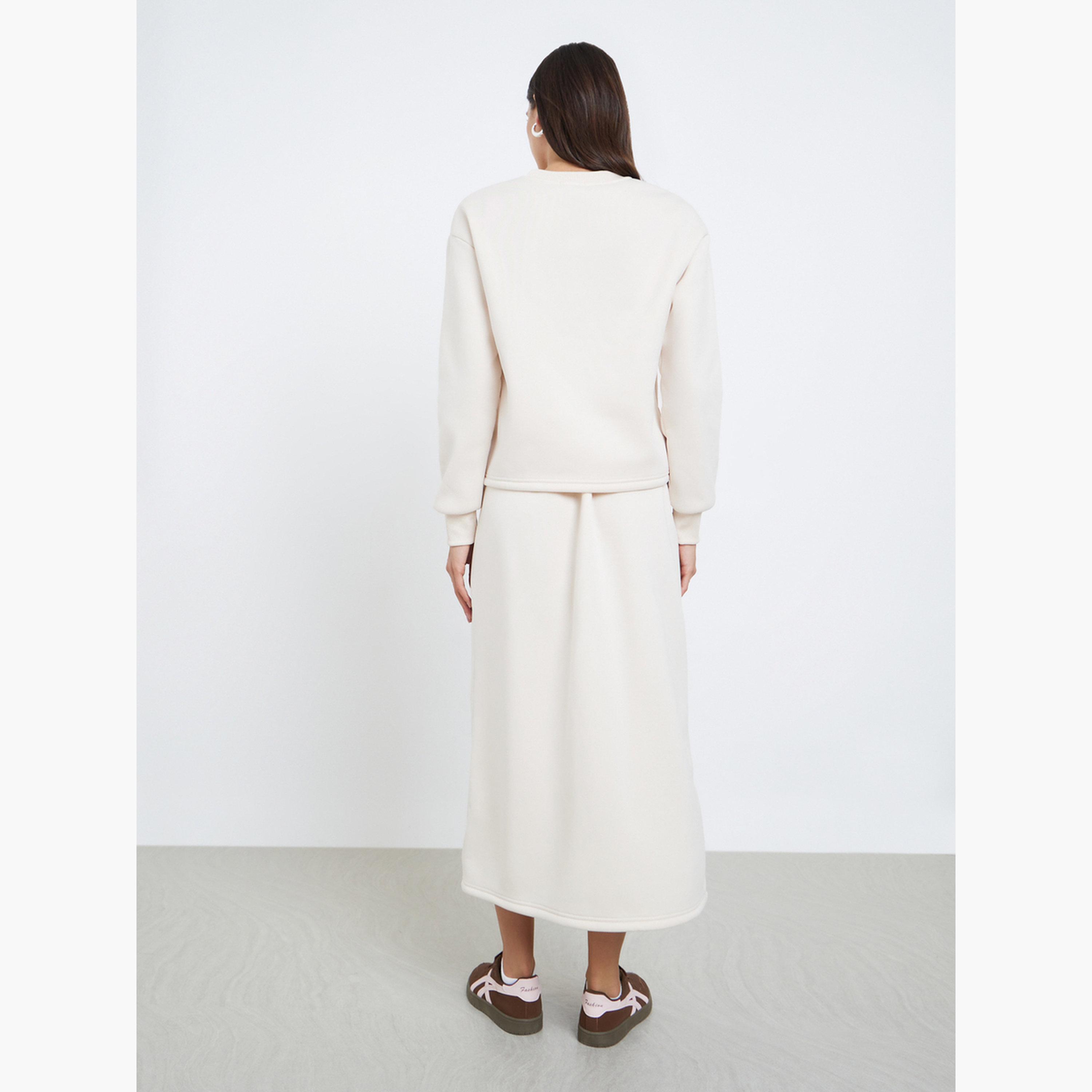 Styli Cream Round Neck Sweatshirt and Skirt Co-ords-women-clothing-coordsets-image-3