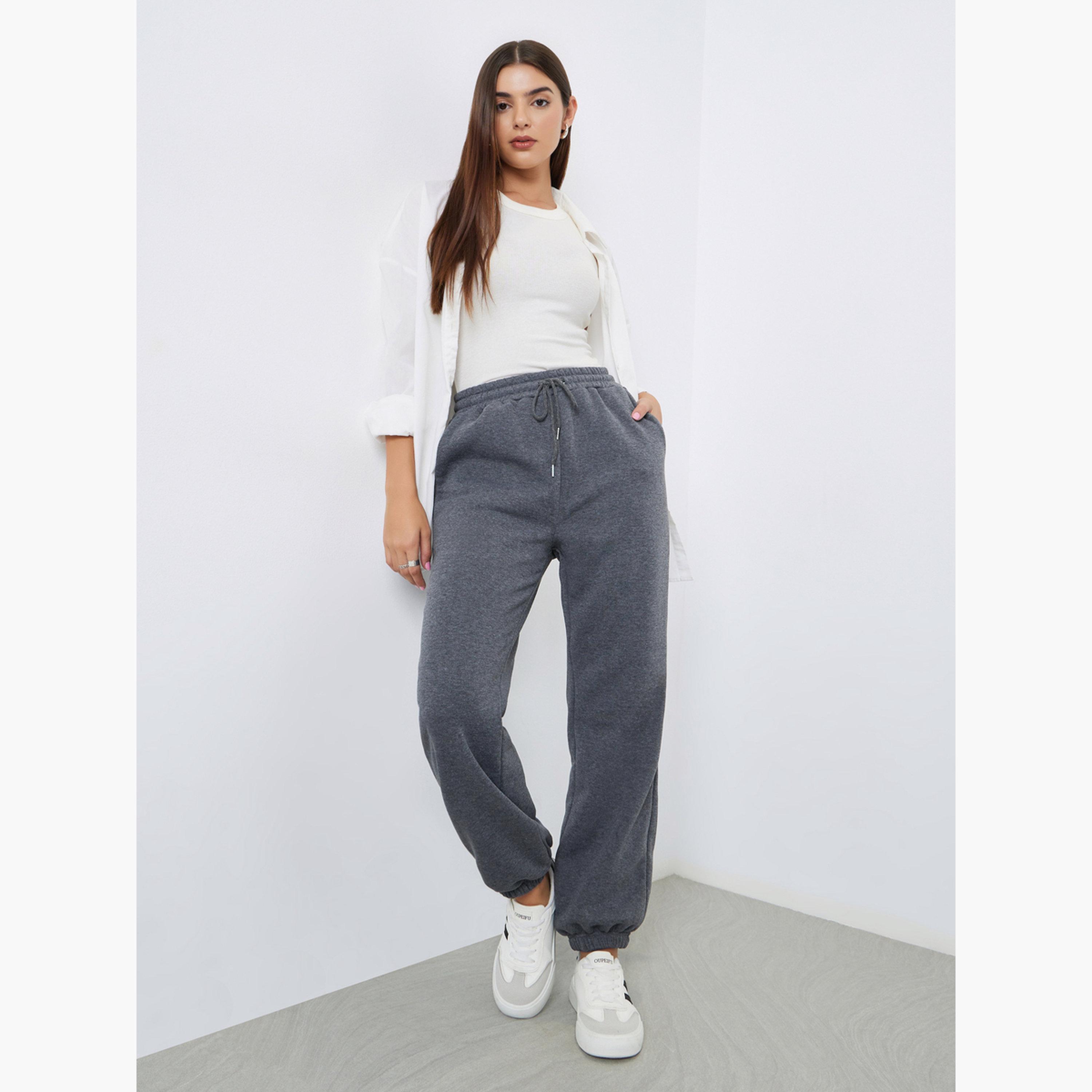 Styli Women Grey Solid Wide Leg Joggers with Drawstring Waist-women-clothing-bottoms-joggers-image-2
