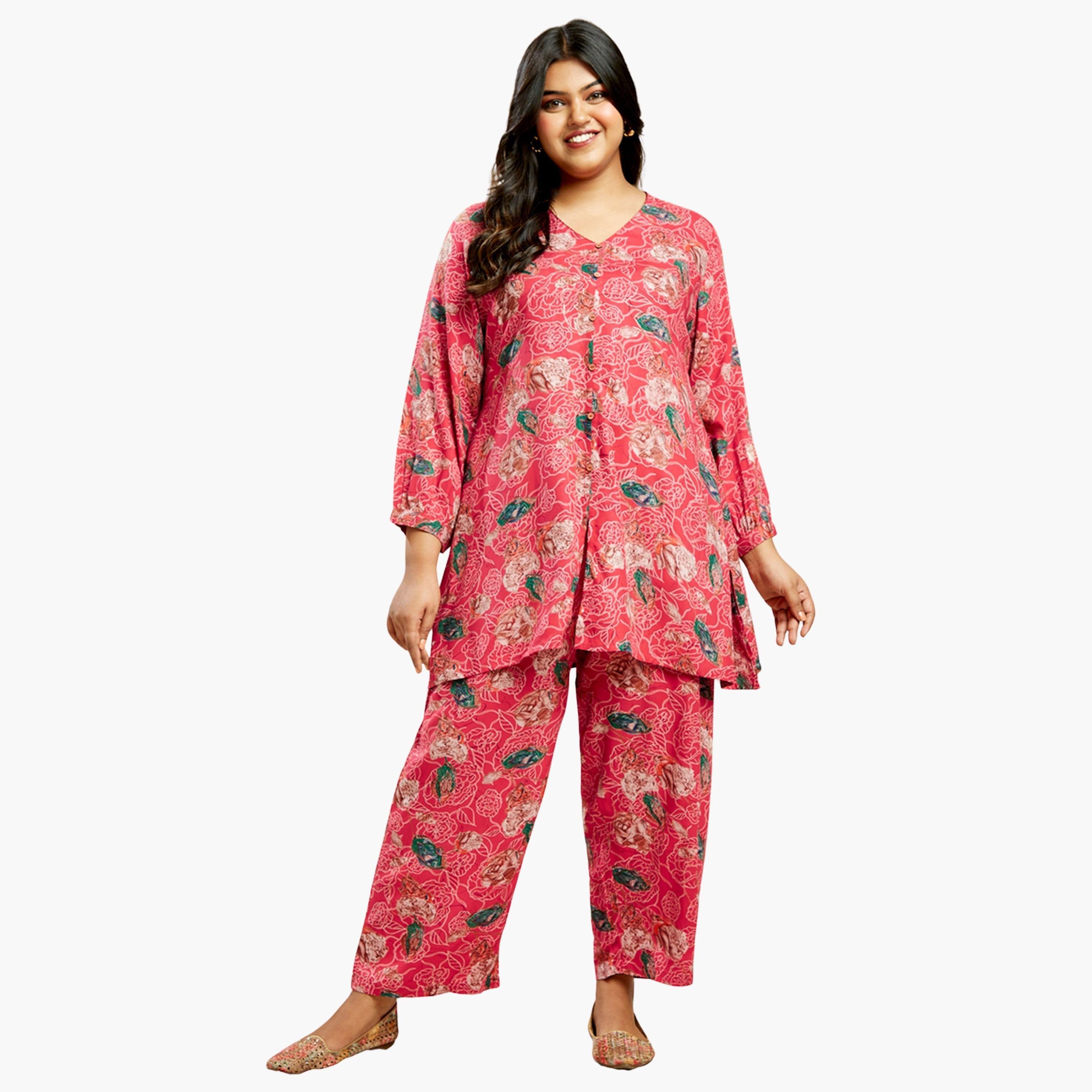 غلوبوس × ستايلي - تونيك مطبوع عليه زهور للنساء بمقاسات كبيرة مع بنطال واسع الساق-women-clothing-coordsets-image-1