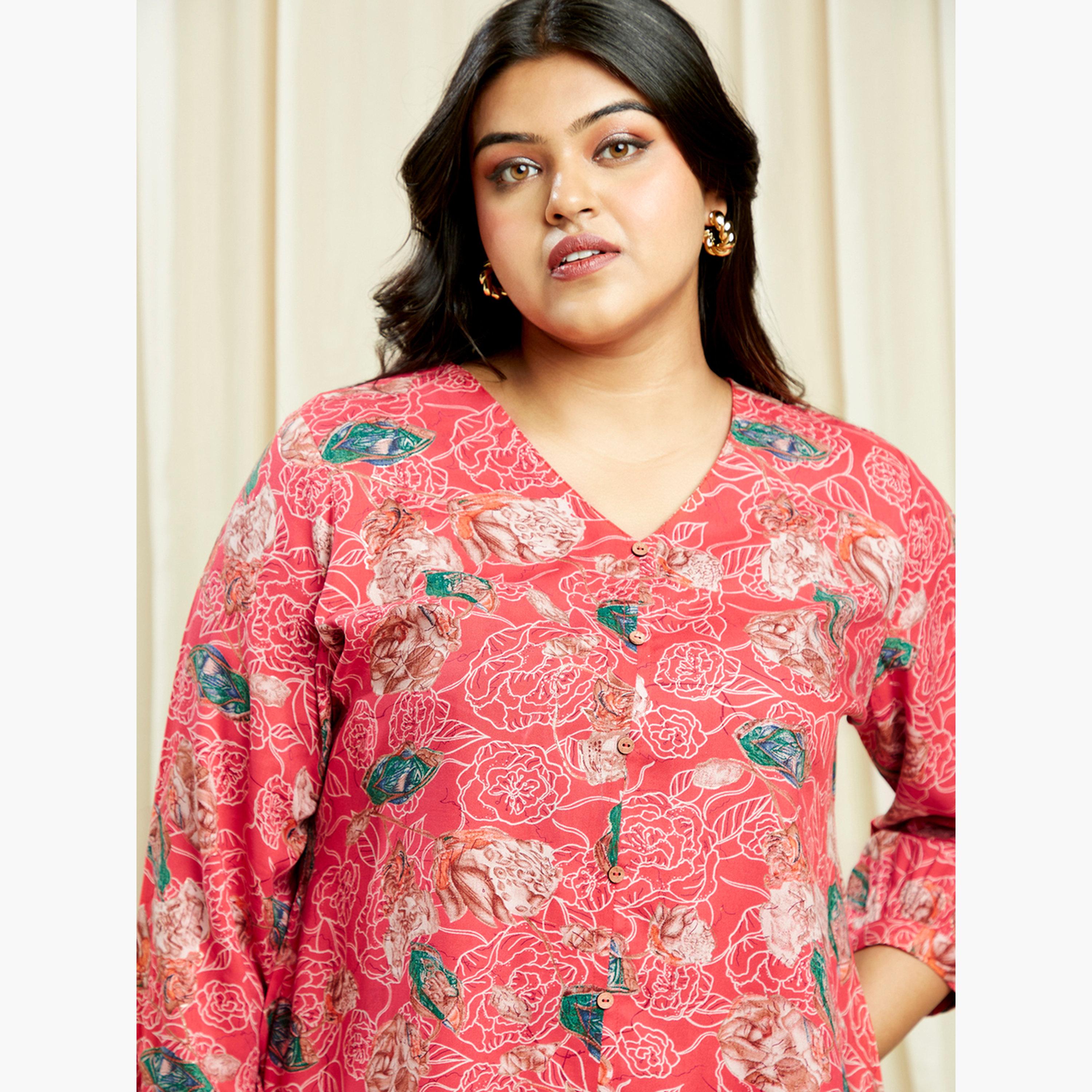 غلوبوس × ستايلي - تونيك مطبوع عليه زهور للنساء بمقاسات كبيرة مع بنطال واسع الساق-women-clothing-coordsets-image-6