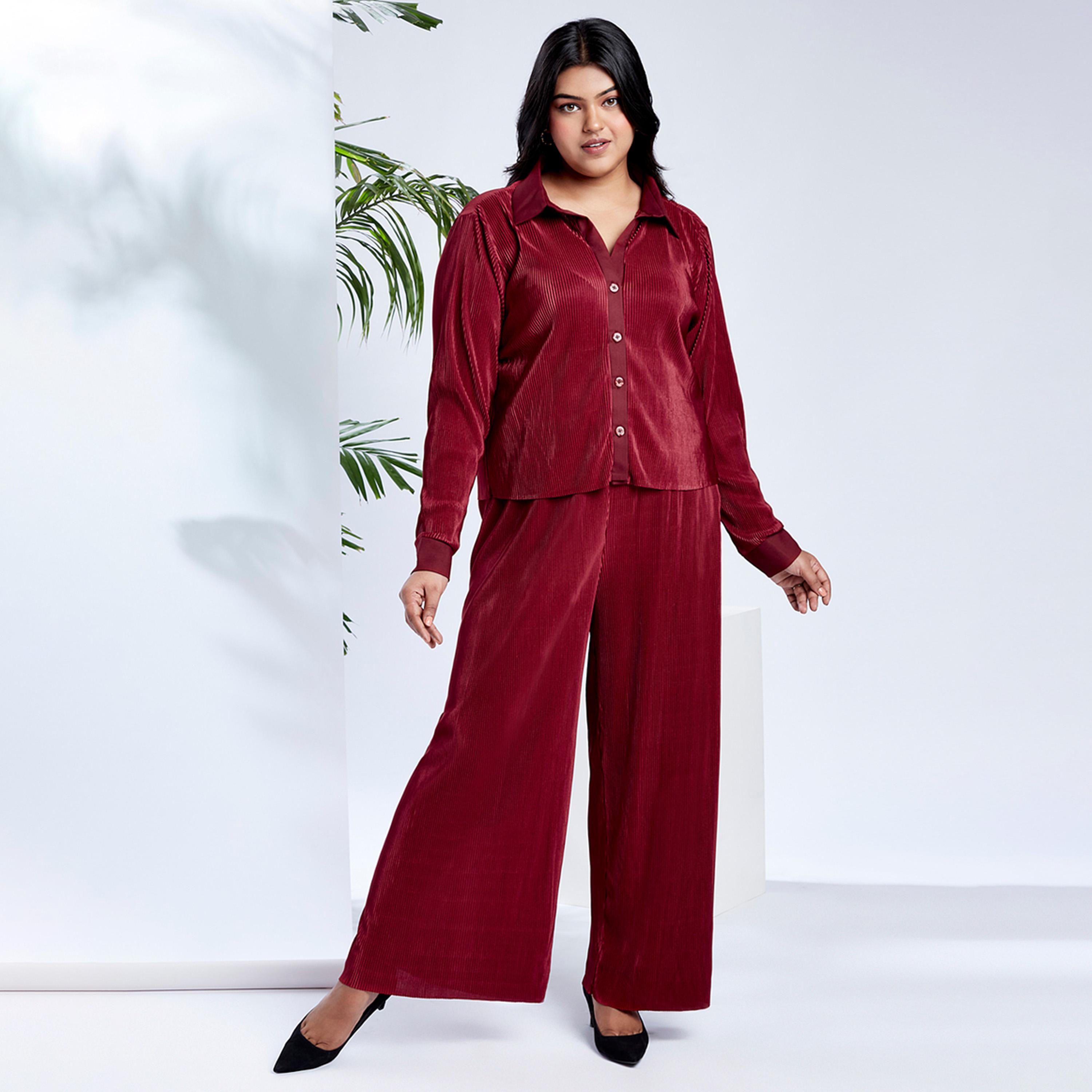Globus X Styli Maroon Plus Size Buttoned Shirt and Trousers Co-Ords-women-clothing-coordsets-image-1