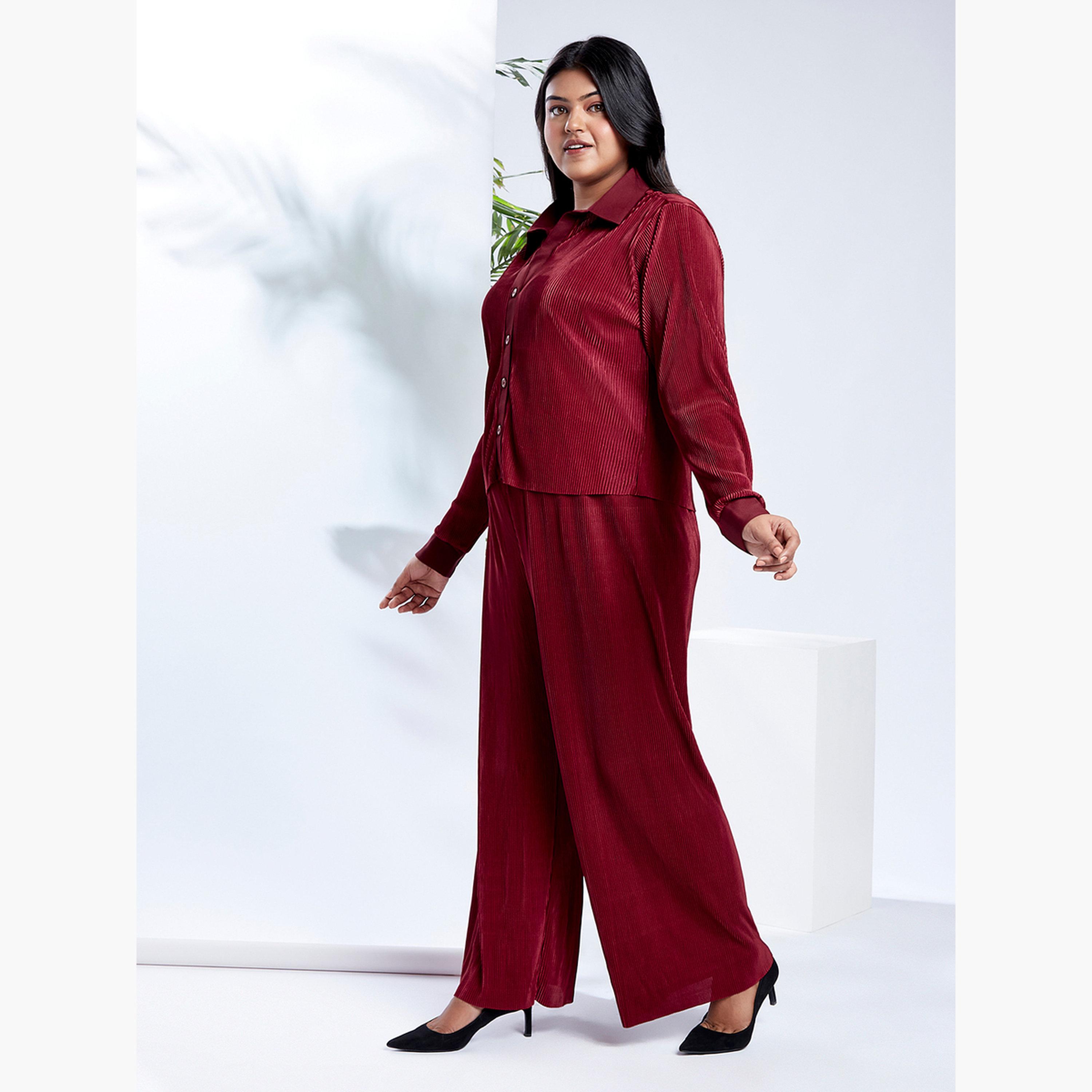 Globus X Styli Maroon Plus Size Buttoned Shirt and Trousers Co-Ords-women-clothing-coordsets-image-2