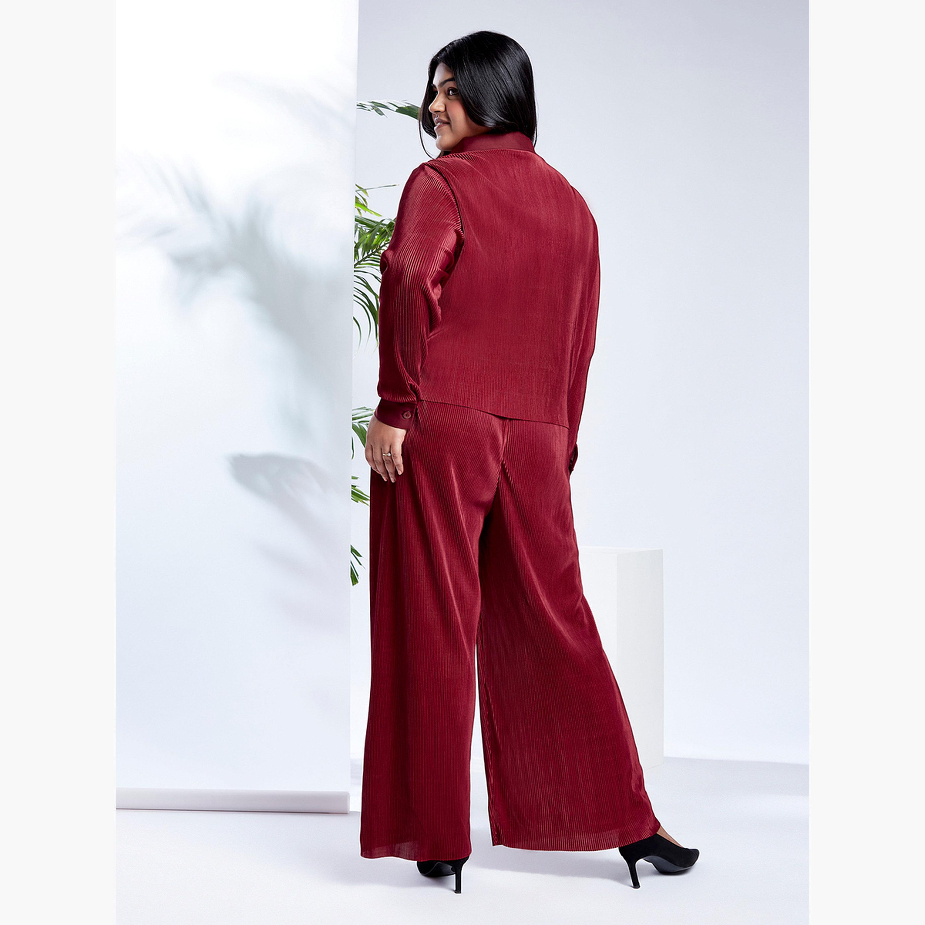 Globus X Styli Maroon Plus Size Buttoned Shirt and Trousers Co-Ords-women-clothing-coordsets-image-3