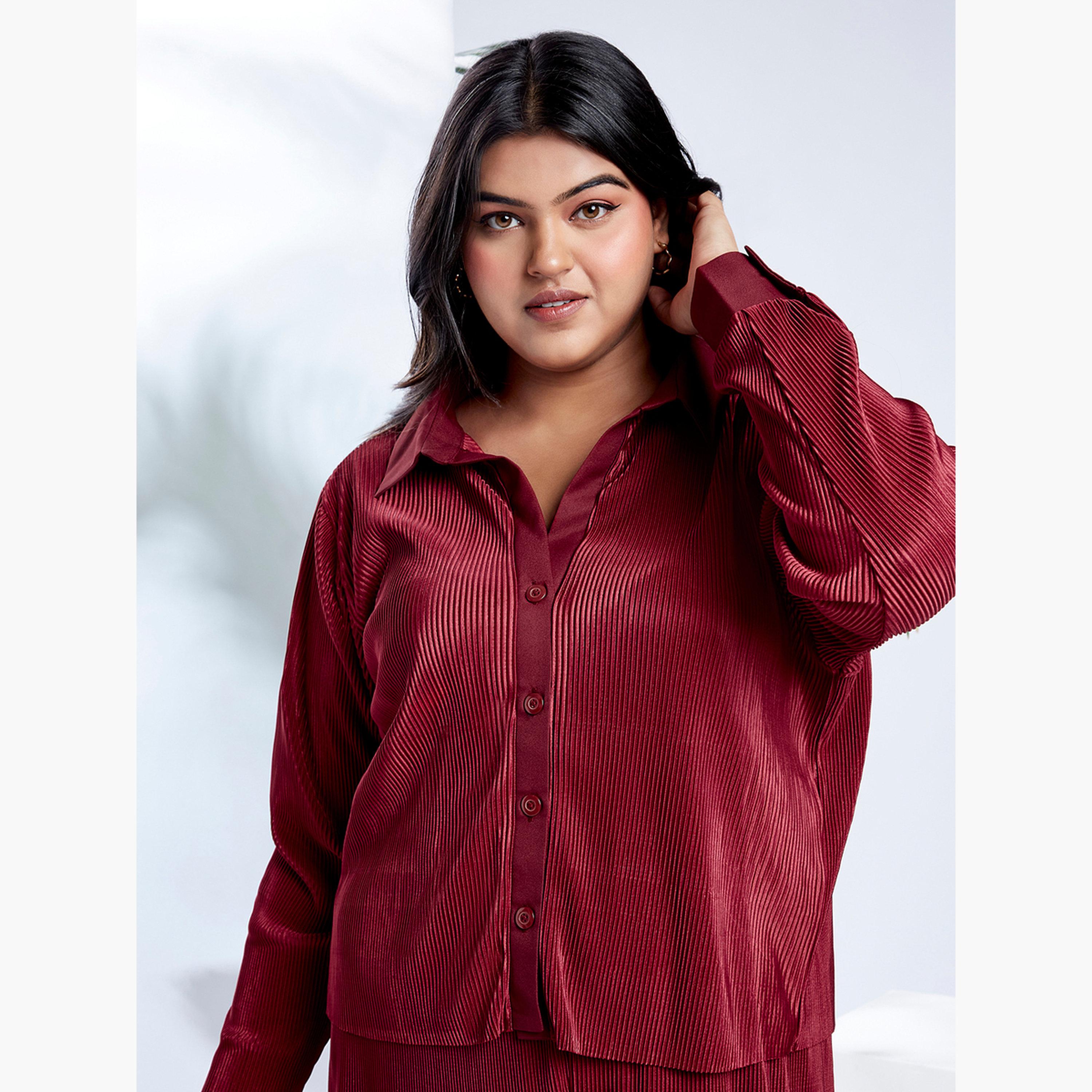 Globus X Styli Maroon Plus Size Buttoned Shirt and Trousers Co-Ords-women-clothing-coordsets-image-6
