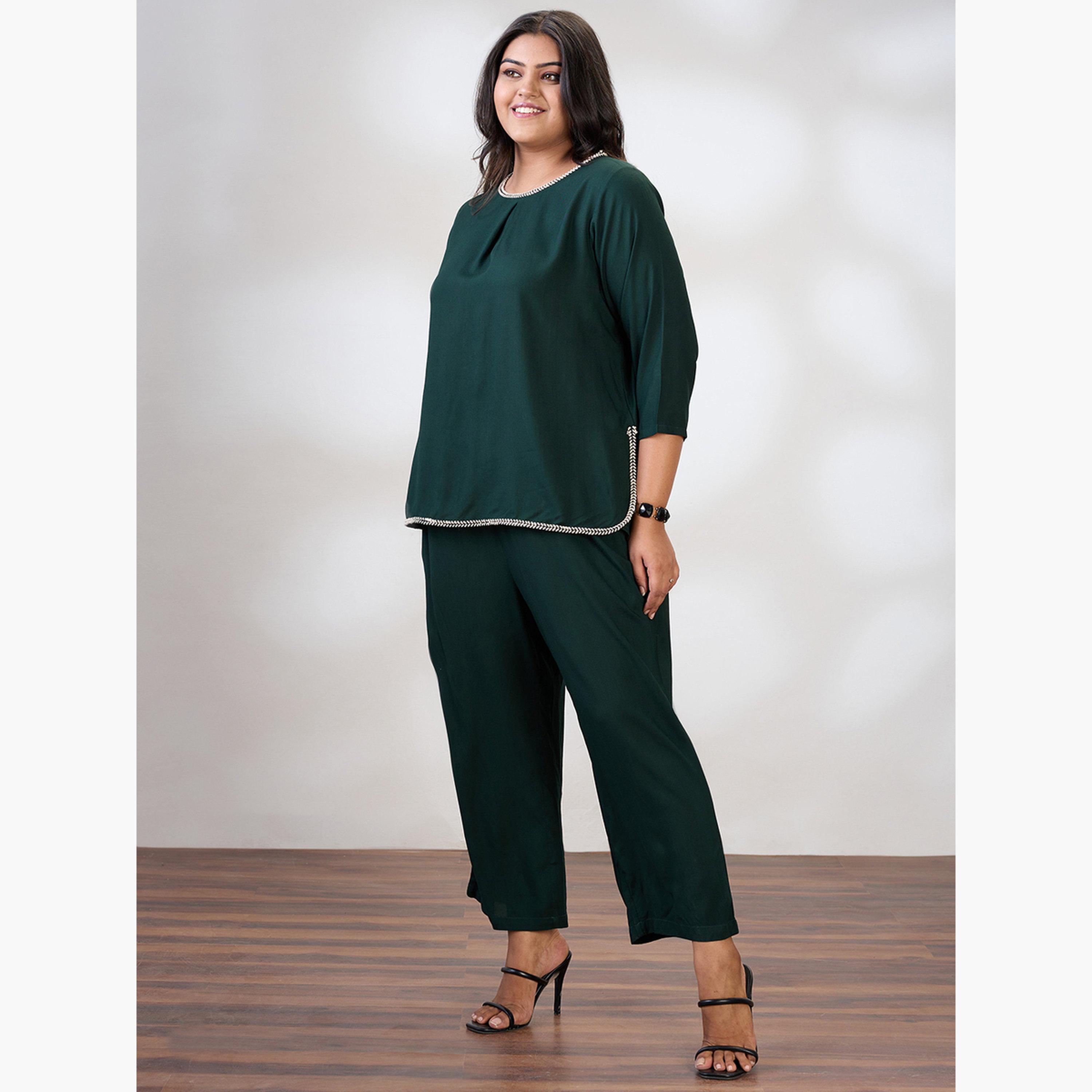 Globus X Styli Plus Size Women Green Top and Trousers Co-Ords-women-clothing-coordsets-image-2