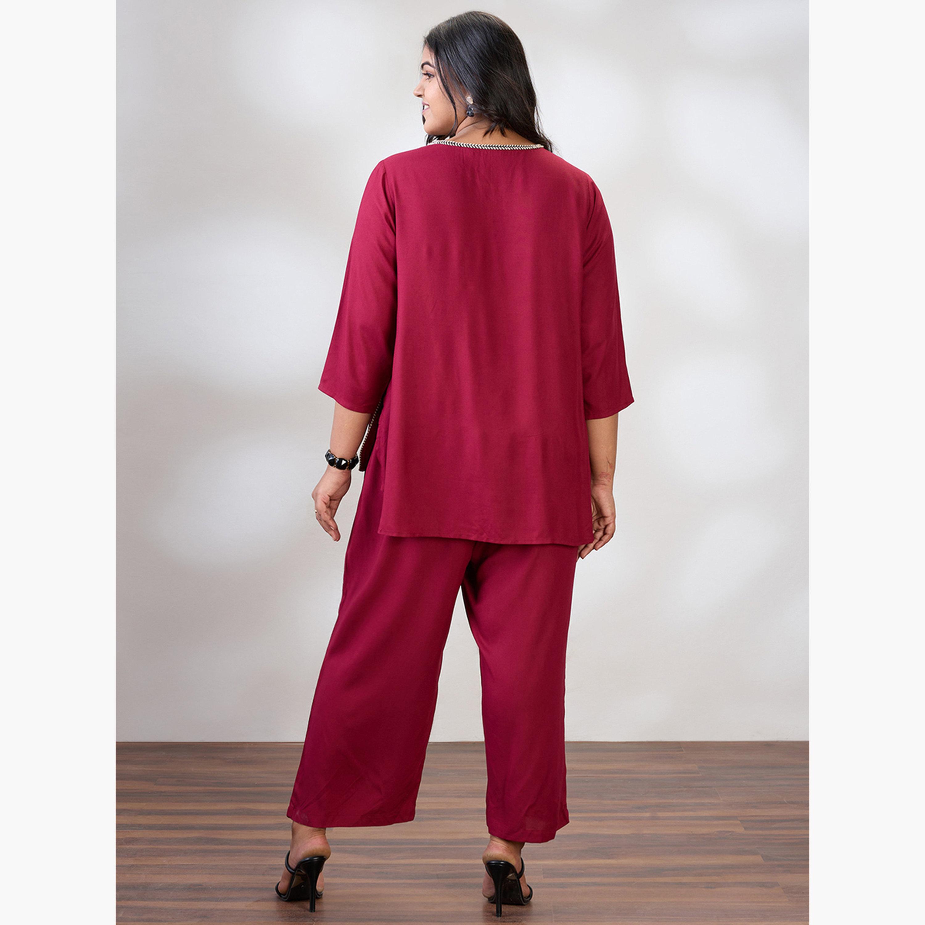 غلوبوس × ستايلي - طقم ملابس نسائية بمقاسات كبيرة من بلوزة وبنطال كستنائي اللون-women-clothing-coordsets-image-3