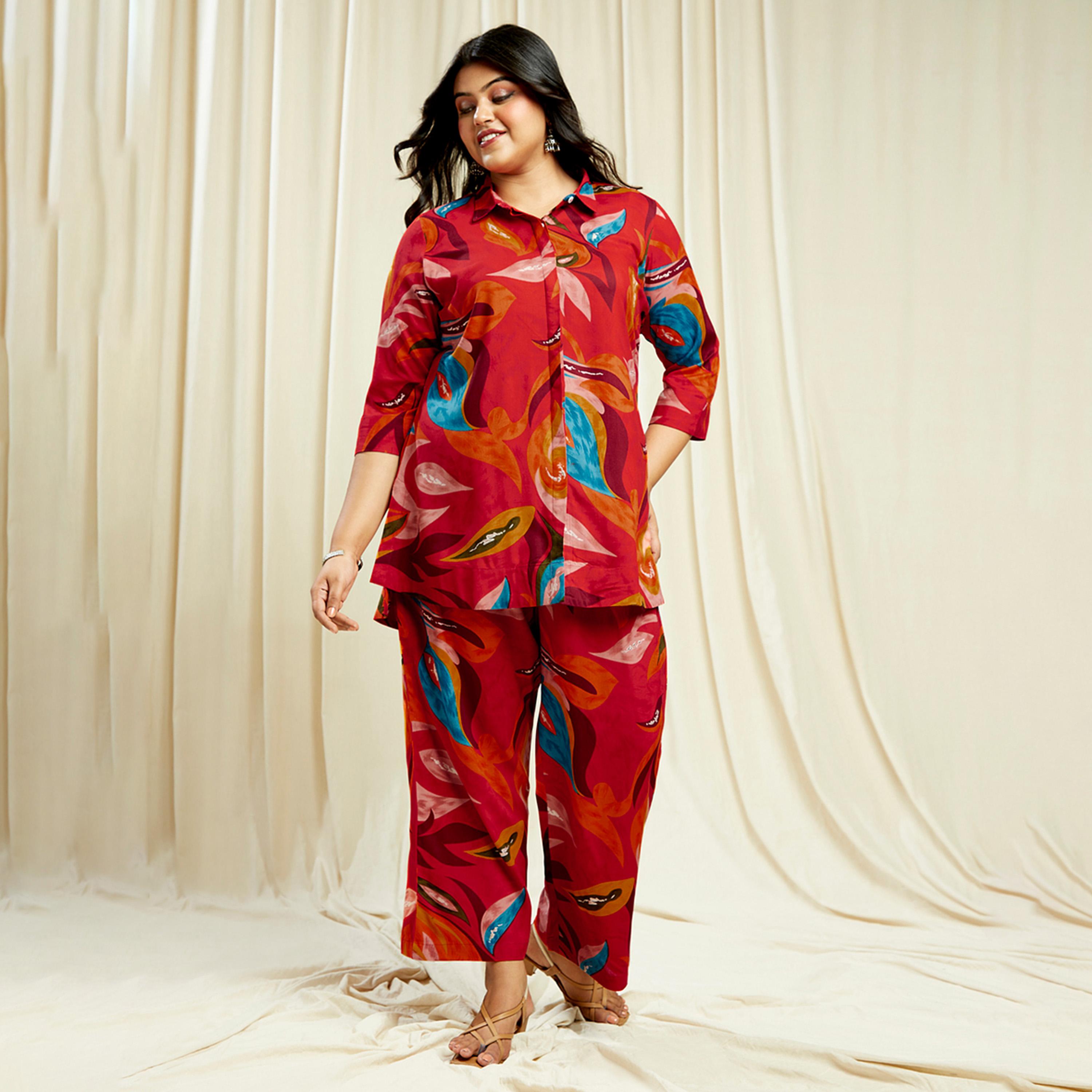 Globus X Styli Plus Size Abstract Print Shirt and Pants Co-Ords-women-clothing-coordsets-image-1