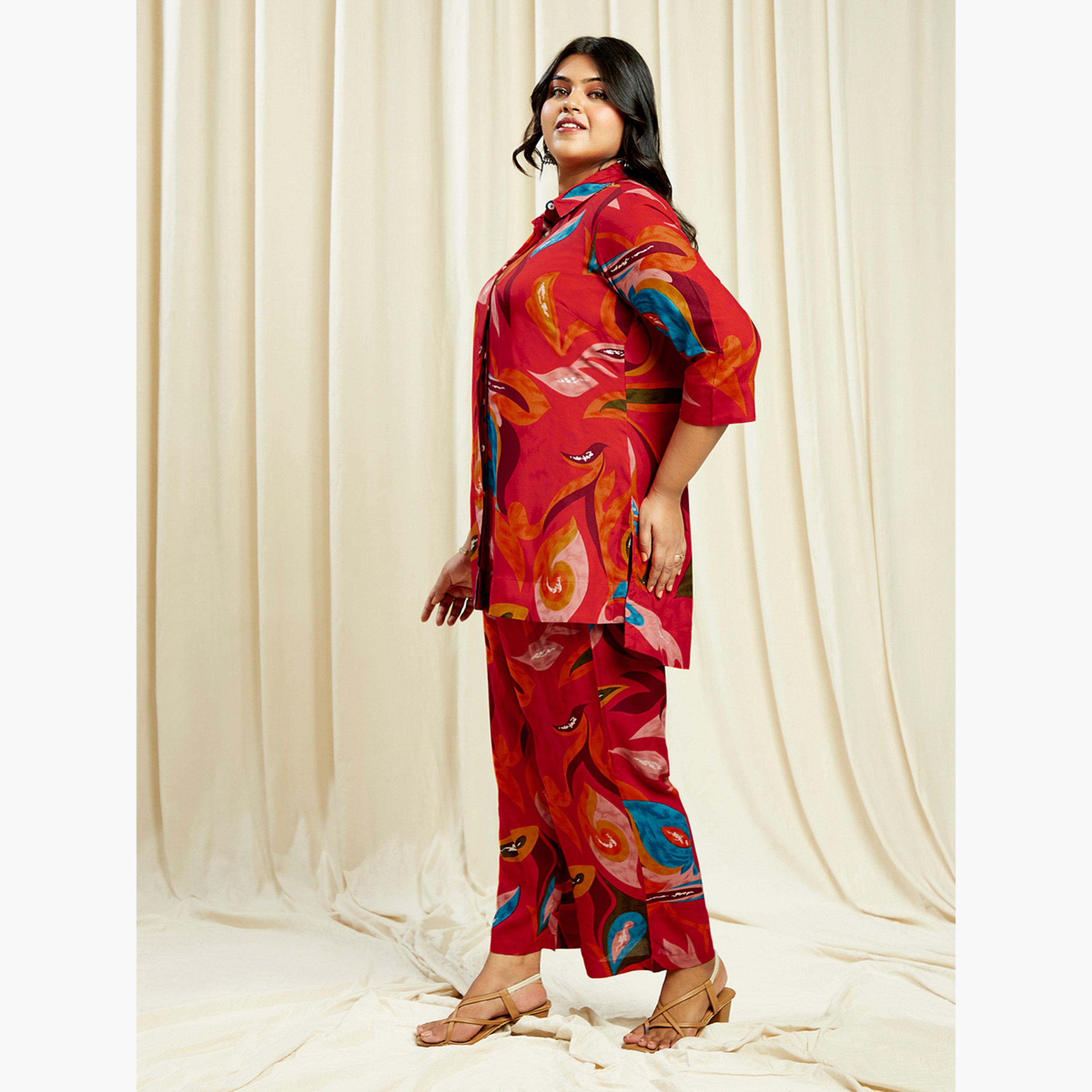 Globus X Styli Plus Size Abstract Print Shirt and Pants Co-Ords-women-clothing-coordsets-image-2
