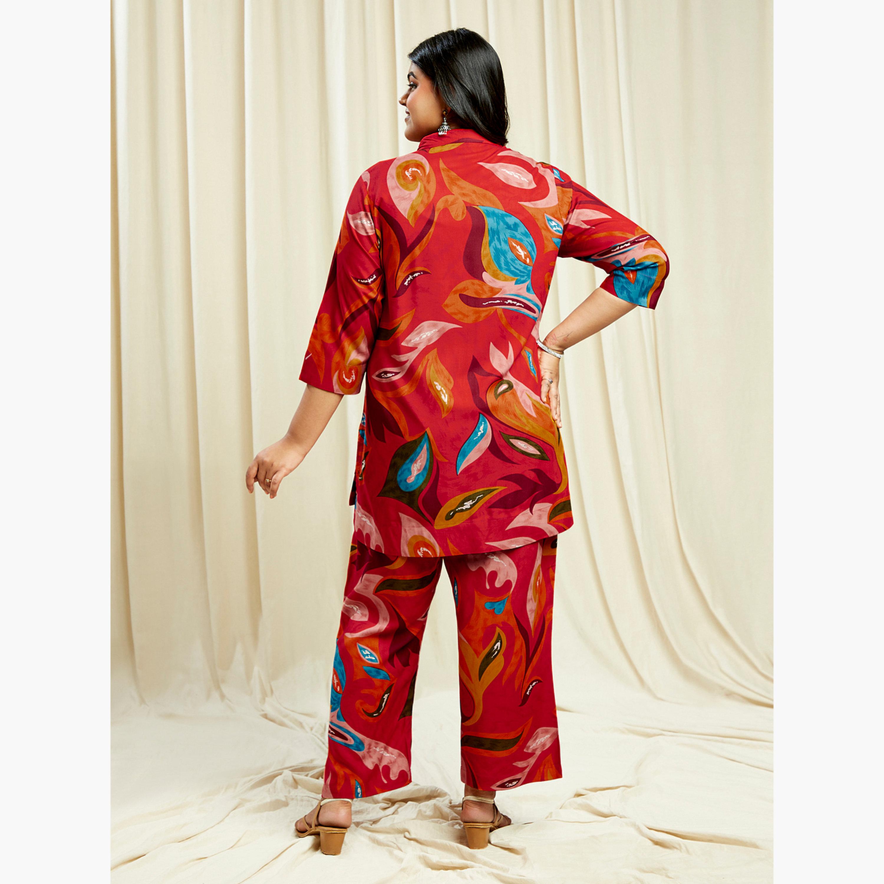 Globus X Styli Plus Size Abstract Print Shirt and Pants Co-Ords-women-clothing-coordsets-image-3