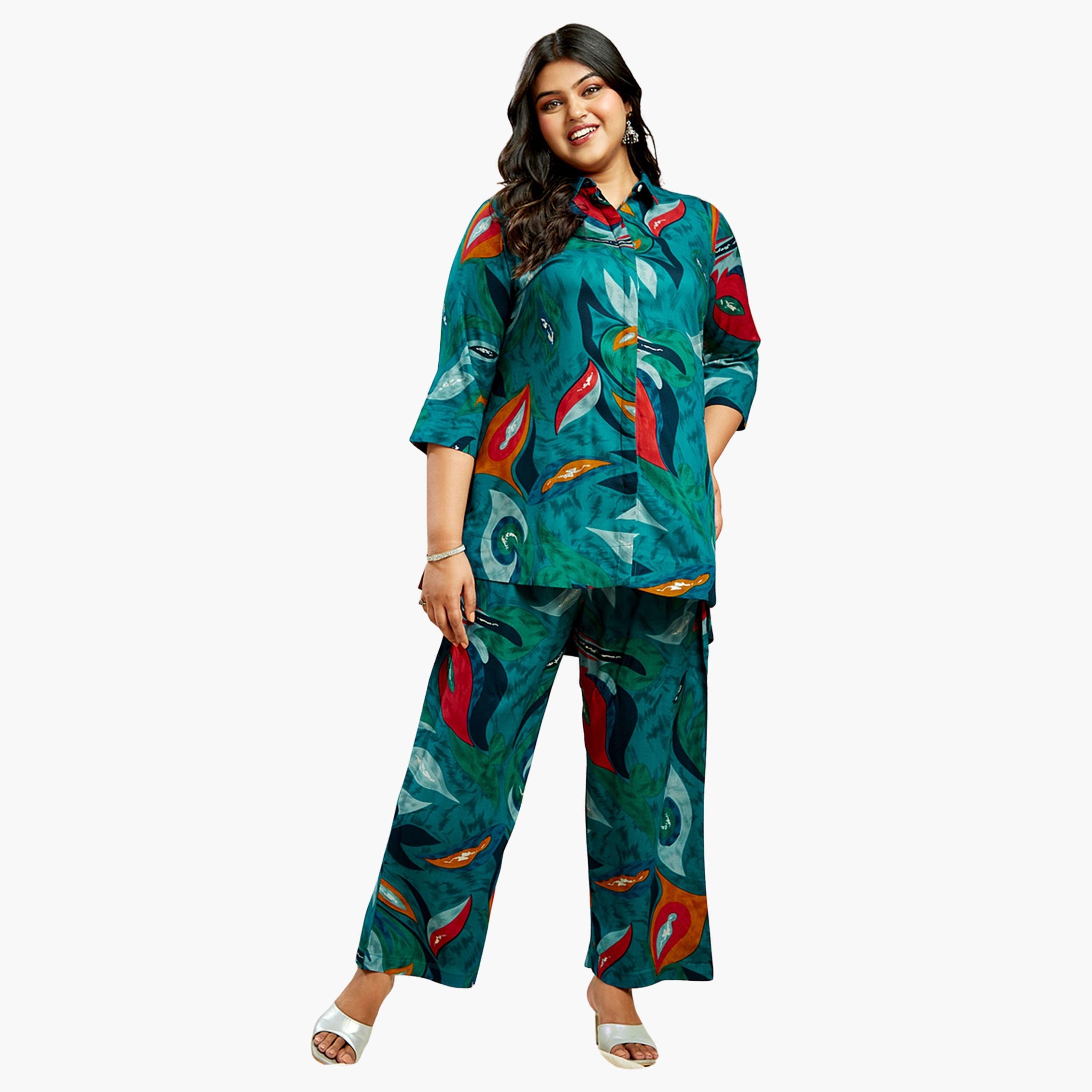 Globus X Styli Plus Size Abstract Print Shirt and Pants Co-Ords-women-clothing-coordsets-image-1